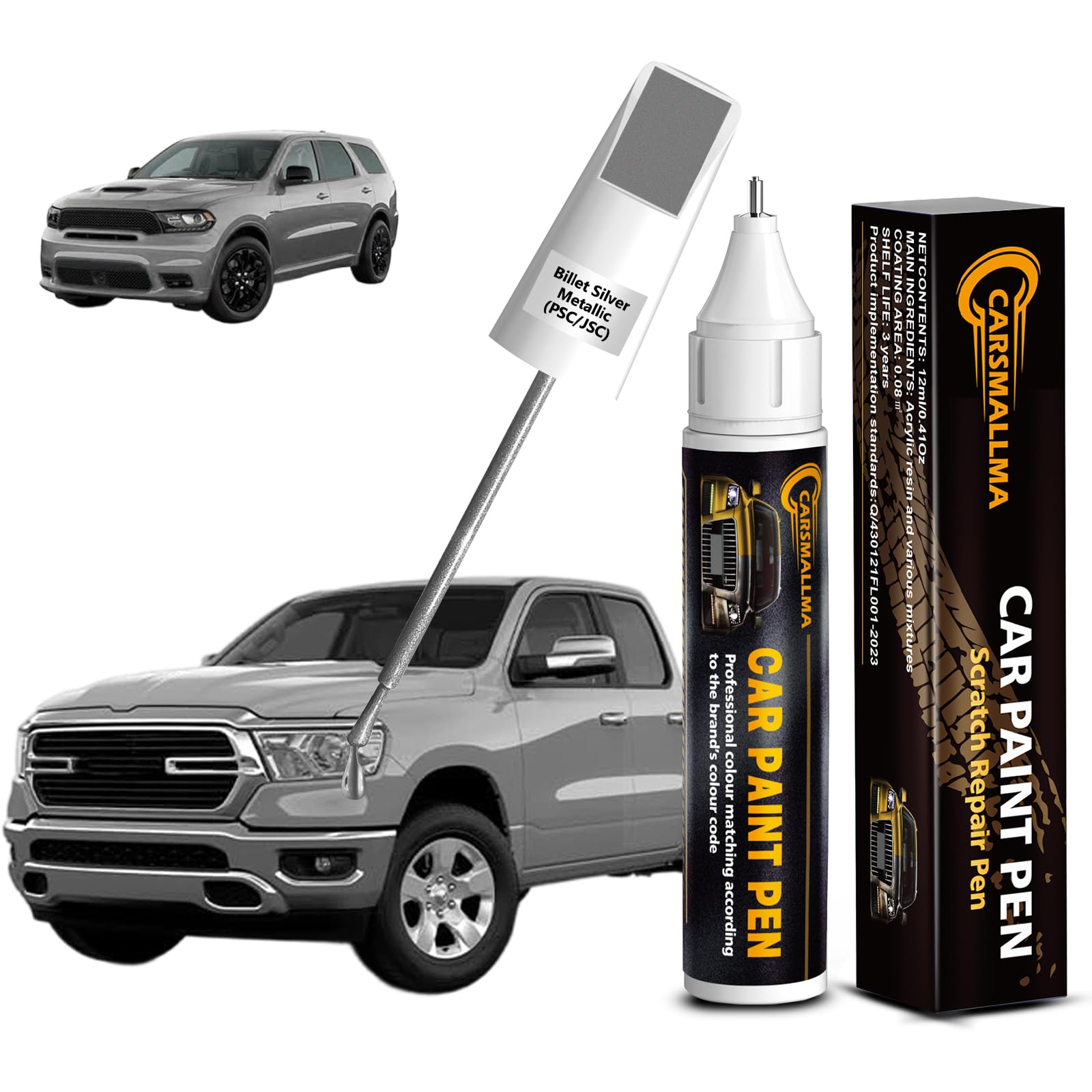 carsmallma Billet Silver Metallic(PSC/JSC) Car Touch Up Paint for Ram, Color Accurate Car Paint Scratch Repair Pen Kit Quick & E