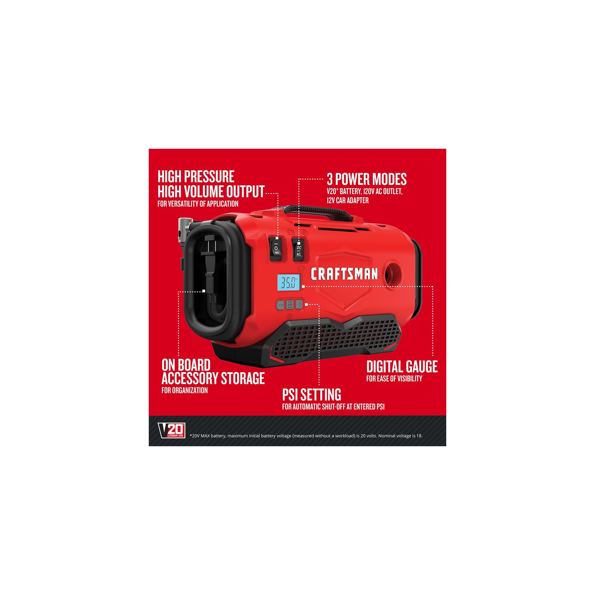 Craftsman V20 Tire Inflator, Portable Air Compressor, 3 Modes: Cordless, 120V Corded, And 12V Car Adapter, Air Pump, Battery Sol
