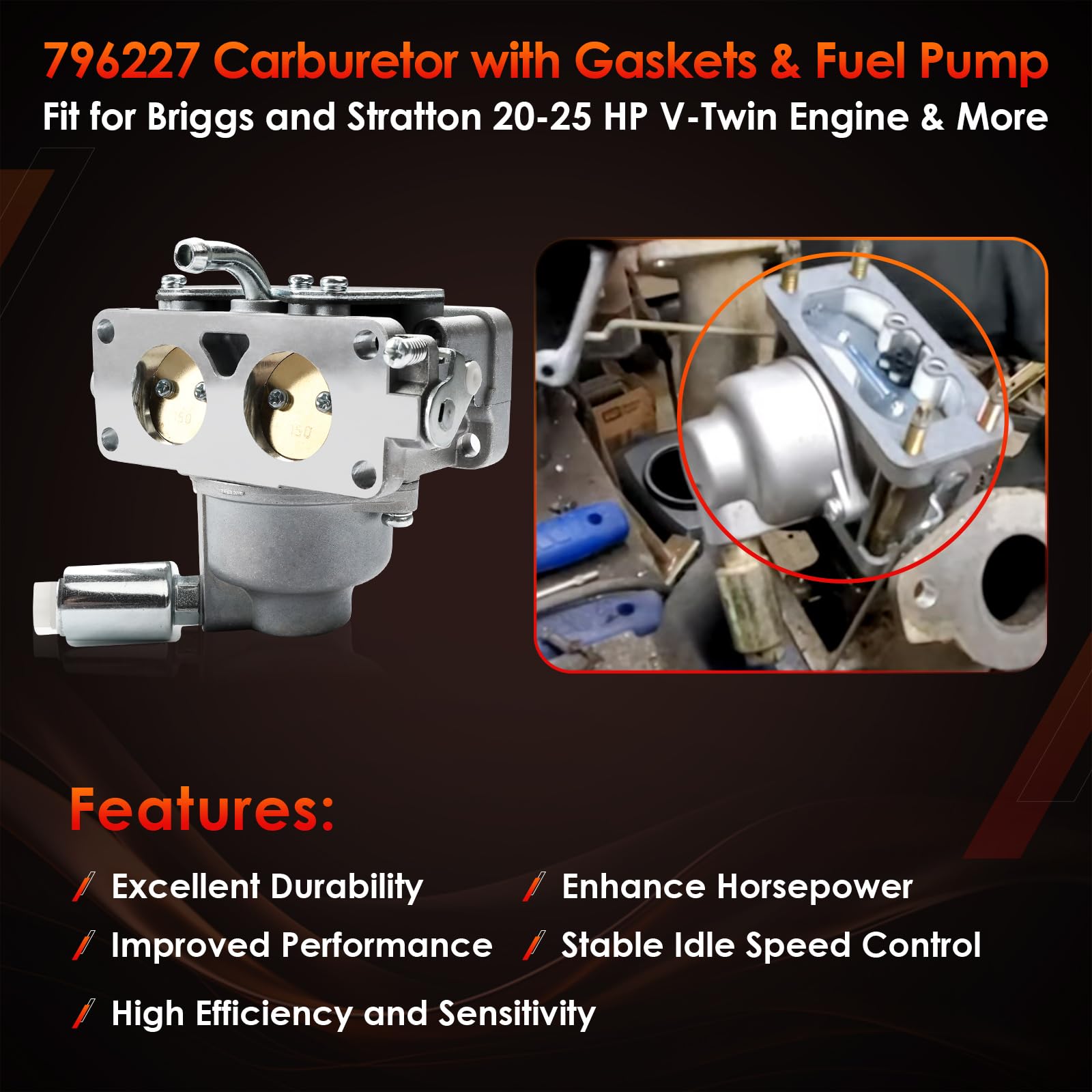 796227 Carburetor, Compatible With B&S Lawn Tractor V-Twin Engines 405777 406777 407777 40N877 40R877 445677 445877 44L777 44M777 20-25Hp Tractor Motor, Replace#: 796258, 796997