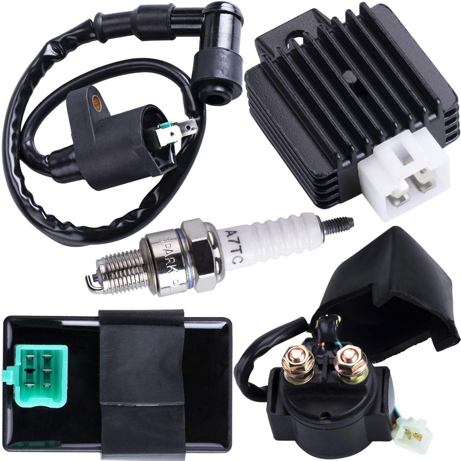 CNCMOTOK Ignition Coil 5-PIN CDI Box Solenoid 4-PIN Relay Voltage Regulator Spark Plug Kit for 50cc 70cc 90cc 110cc 125cc ATV Ch