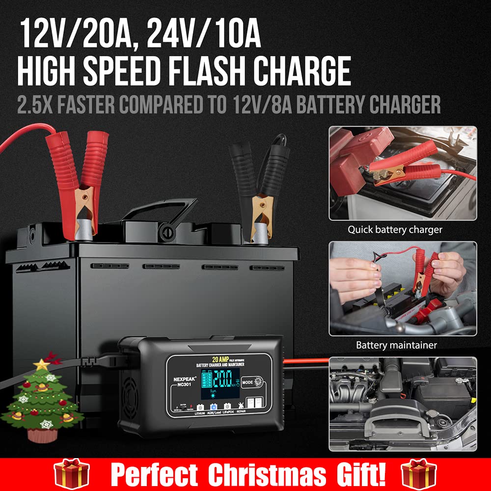 Nexpeak Nc301 20-Amp Car Battery Charger, 12V And 24V Smart Fully Automatic Lifepo4 Battery Charger Maintainer Trickle Charger W/Temp Compensation For Car Truck Boat Lead Acid Lithium Batteries