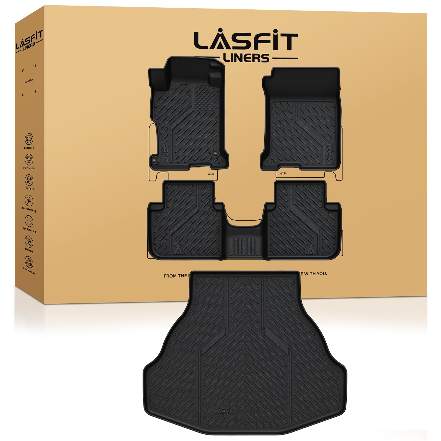 Lasfit Floor Mats & Trunk Mat For Honda Accord Sedan 2013 2014 2015 2016 2017 (Not For Coupe & Hybrid), All Weather Tpe Custom F