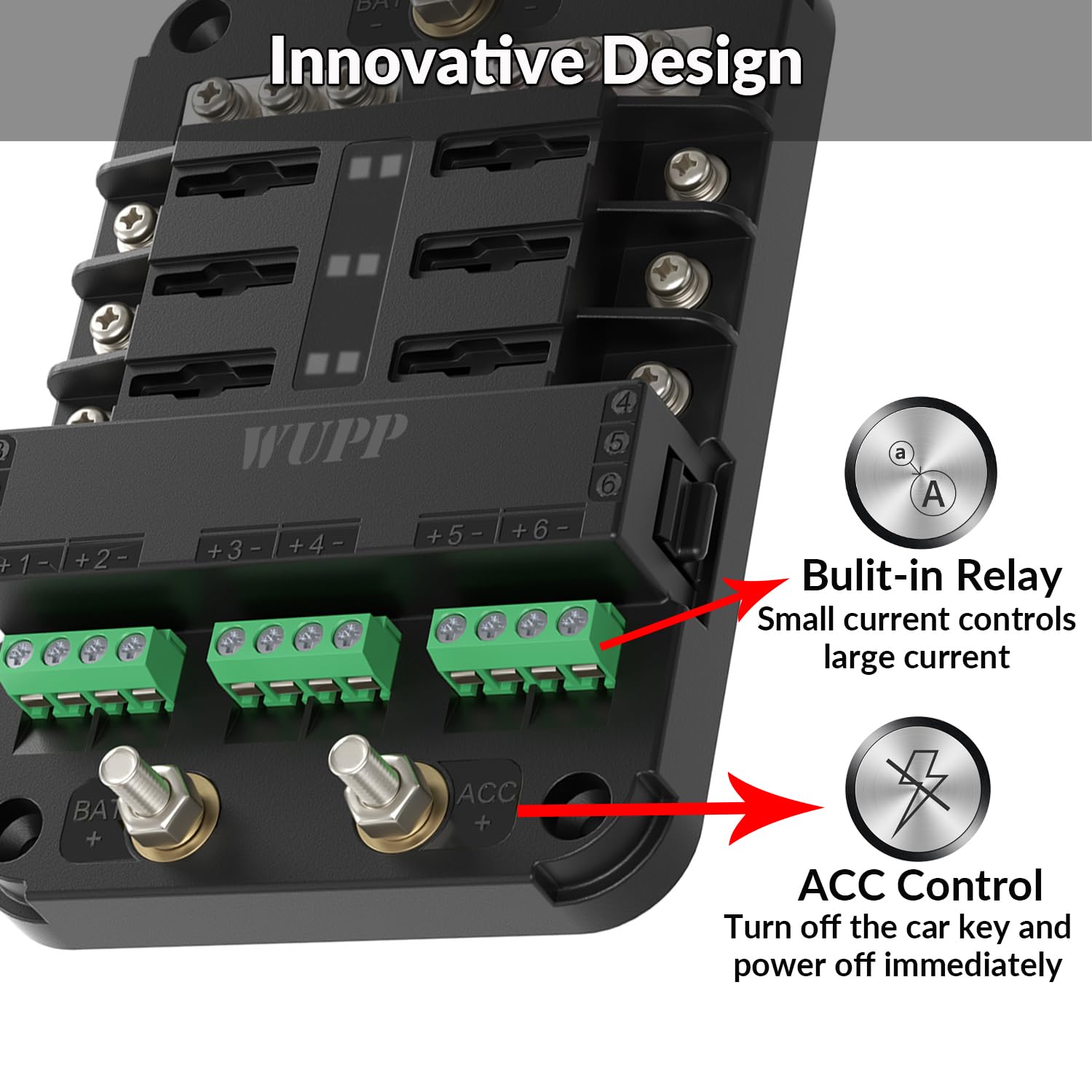 Wupp 12V Fuse Block With Relay, Automotive 6 Circuits Fuse And Relay Box With Acc Interface, Universal Fuse Block And Relay Kit For Cars Trucks Marine Boat