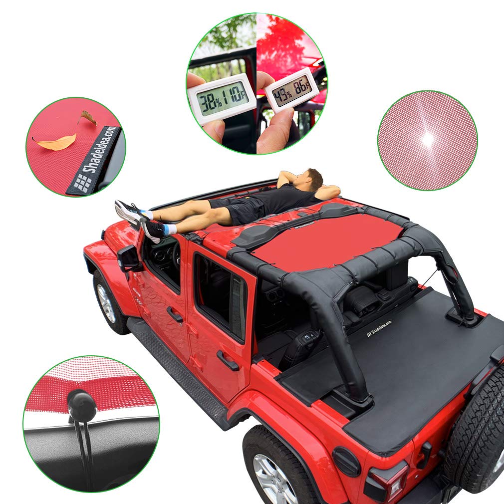 Shadeidea Sun Shade Top For Jeep Wrangler Sunshade Jl Unlimited (2018-2023) 4 Door Front And Rear 2 Piece-Cherry Red Mesh Screen