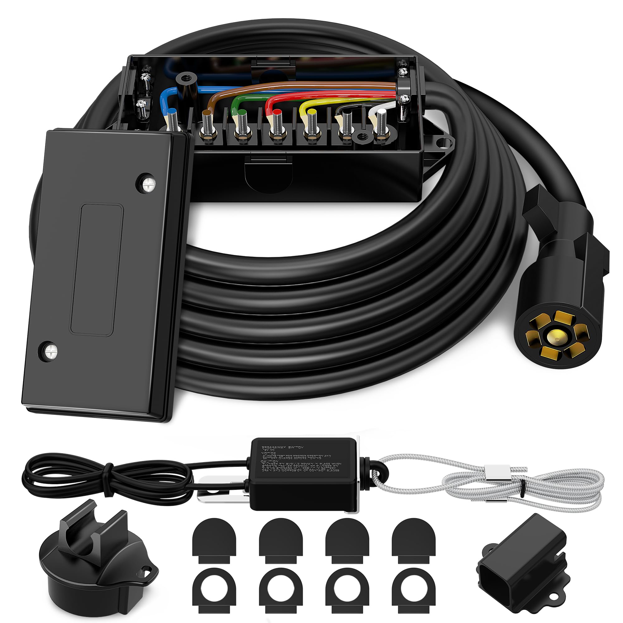 7 Pin Trailer Wiring Harness Kit 8FT, 7 Way Trailer Plug with Waterproof Junction Box & 12V Breakaway Switch,Heavy Duty 7 Way Tr