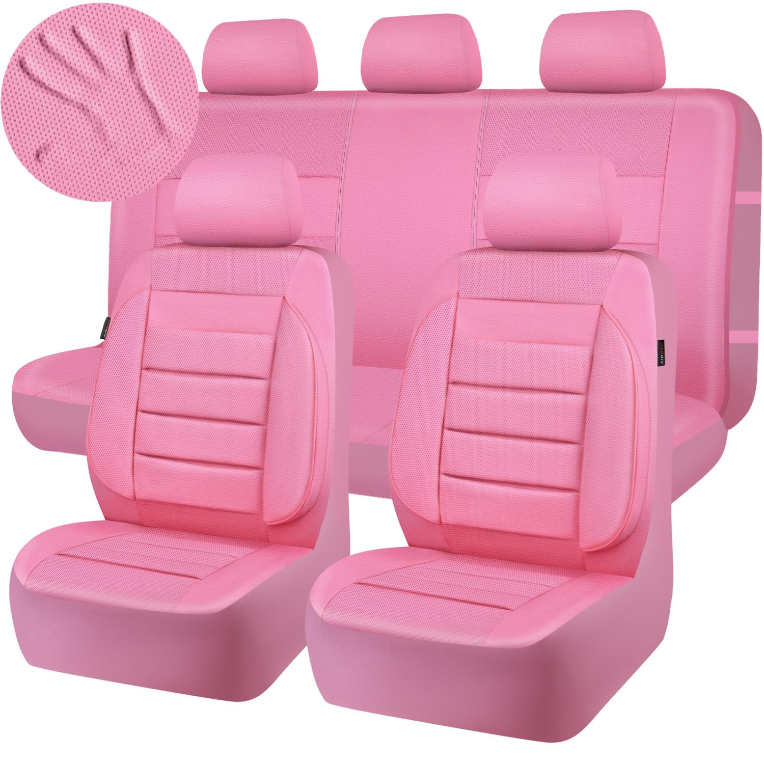 CAR PASS Pink Leather Seat Covers Full Set Universal Water Resistant 3D Foam Back Support, Luxury Comfort Automotive 5 Seat Cove