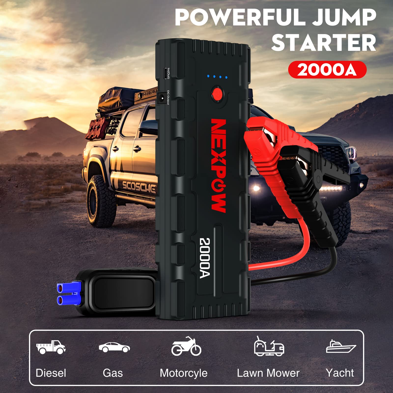 Nexpow 2000A Battery Jumper Starter Portable, 12V Car Jump Starter, Auto Battery Booster, Lithium Jump Box With Led Light/Usb Qu