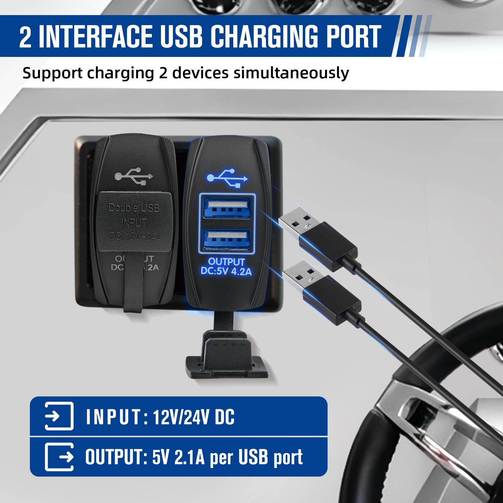 Anina 4.2A Rocker Switch Style Dual Usb Charger Blue Led Light, Waterproof Usb Port With 10A Fuse For Marine Toggle Switch Panel