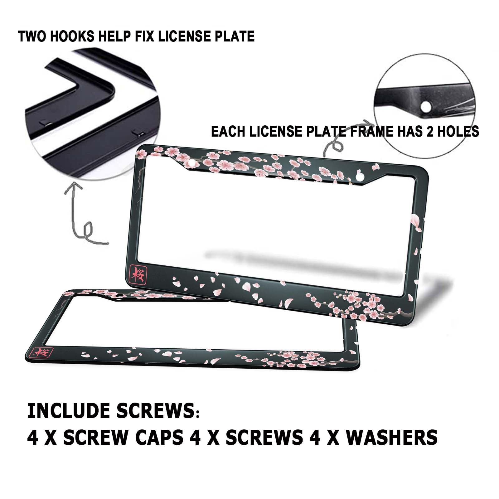 HOSNYE Japan Cherry Branch License Plate Frame Black 2 Pcs Flowers Hieroglyph Sakura Metal Cute Licenses Plates Frames Licenses