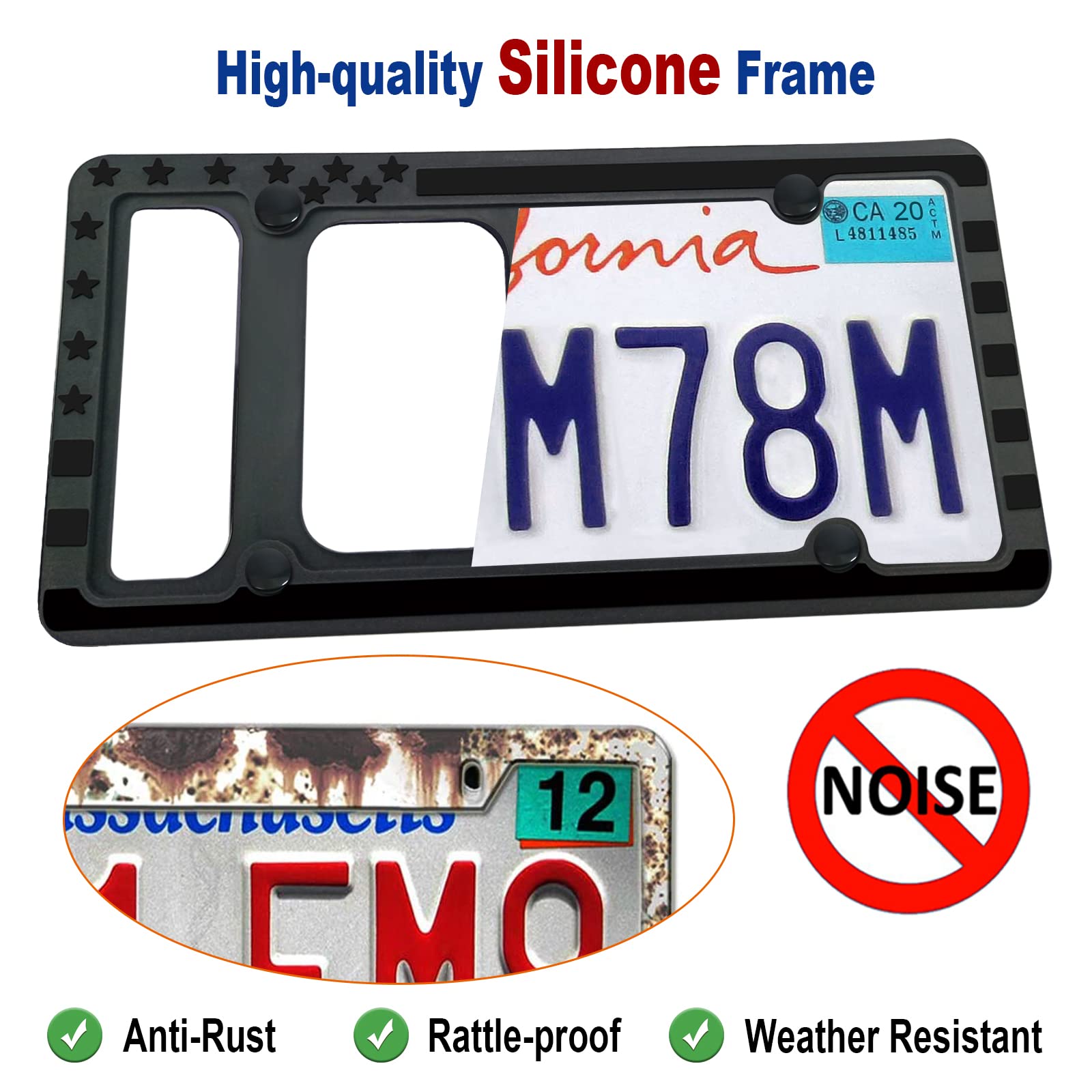 Silicone American Flag License Plate Frames- Rustproof Patriotic Gloss Usa Stars And Stripes Flag Black Car Tag Holder Cover, 2