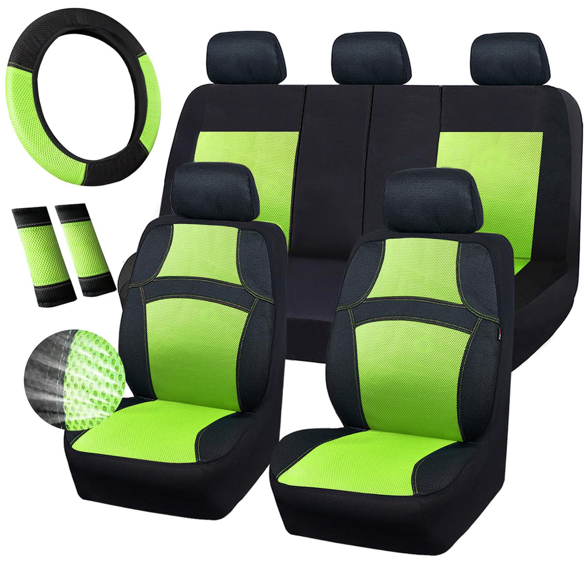 CAR PASS Universal 3D Air Mesh-100% Breathable Seat Covers Full Sets,Steering Wheel and Belt Cover Airbag and Rear Split Bench C
