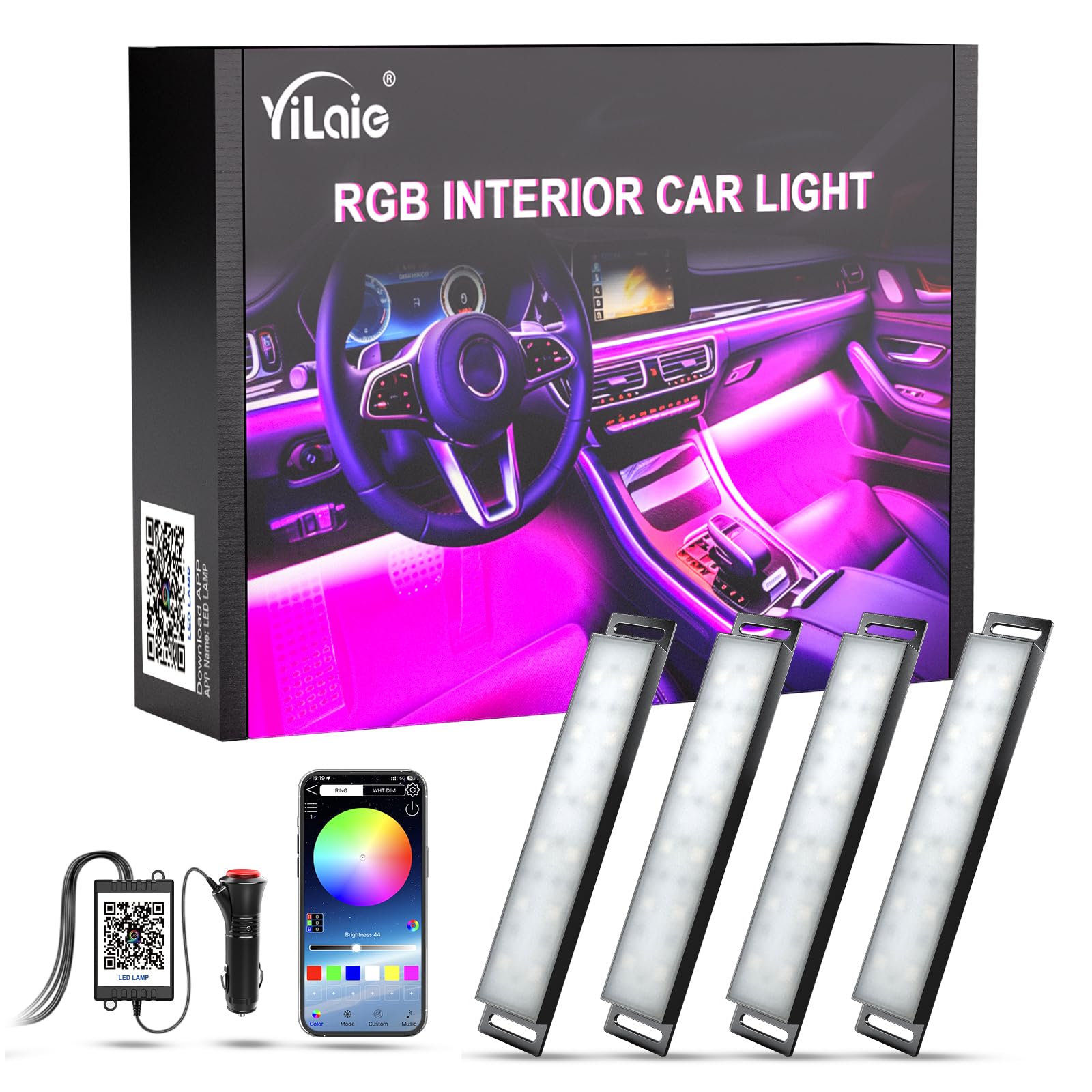 Yilaie Car Lights Interior, Rgb Interior Car Lights With App Control, Music Sync And Diy Mode, Car Decorations Interior For Ambi