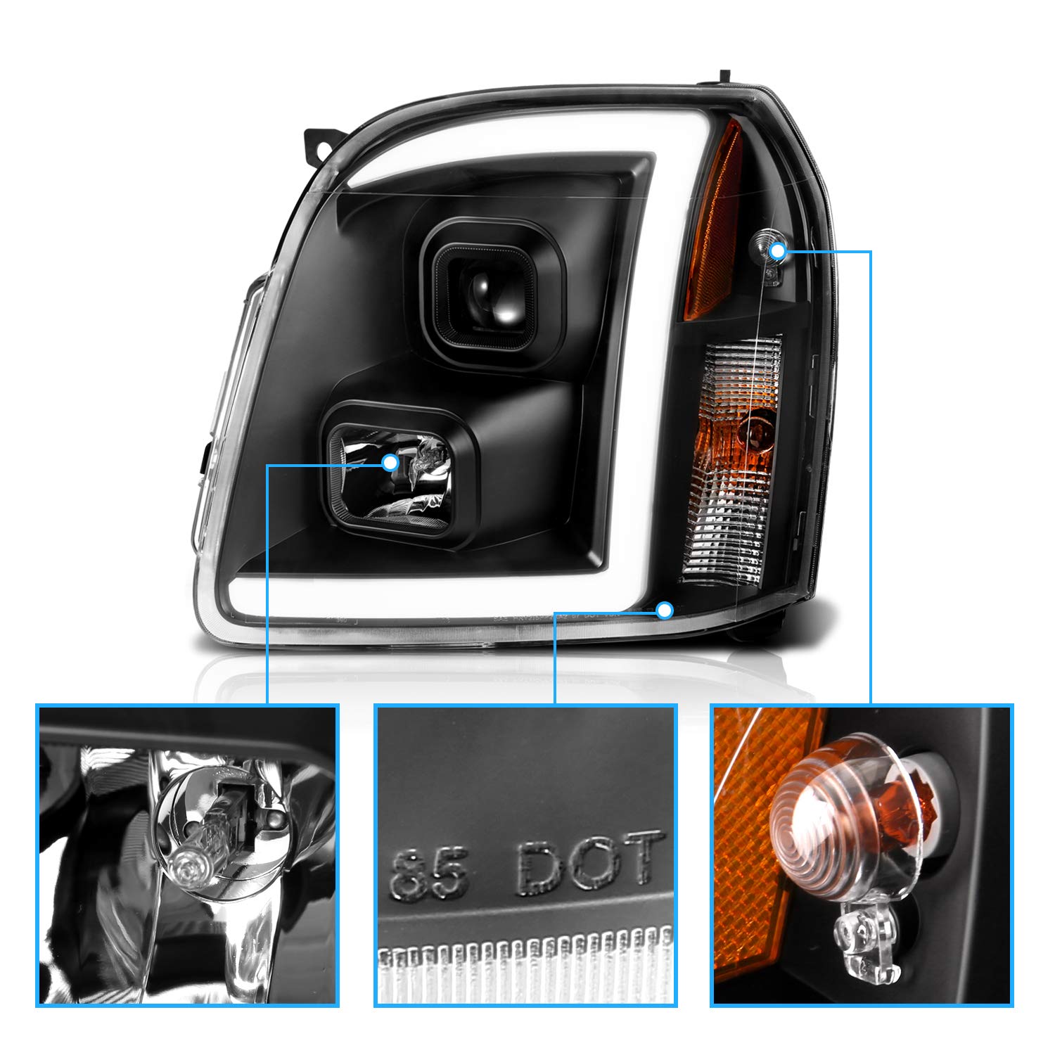 Amerilite Led Bar Projector, Halogen, Led Car Headlights Set For 2007-2014 Gmc Yukon/Yukon Xl/Denali Driver + Passenger Side, Ve