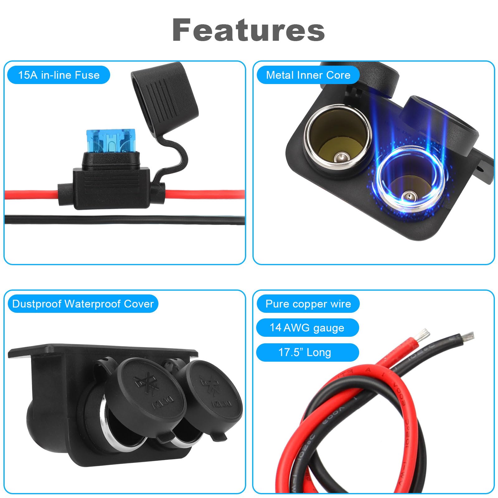 1Pcs Cigarette Lighter Socket With Blade Fuse, 2-Socket Cigarette Lighter Splitter 12V Lighter Power Outlet Replacement Waterpro