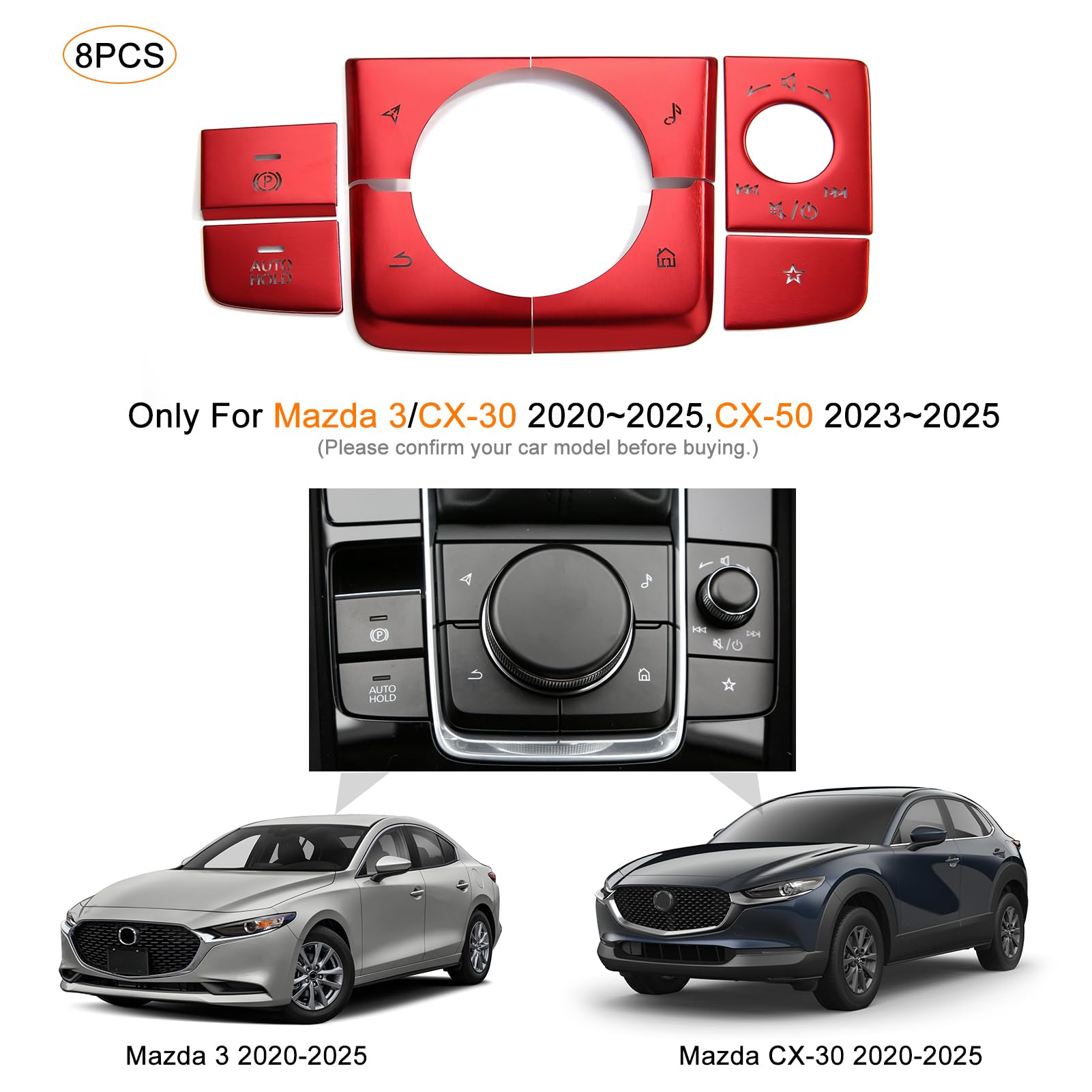 Anfokas 8Pcs Compatible With Mazda 3 Cx-30 Cx-50 2025 2024 2023 2022 2021 2020 Accessories Car Center Console Cover Gears Gear Panel Gear Shift Knob Button Cover Trims -Red