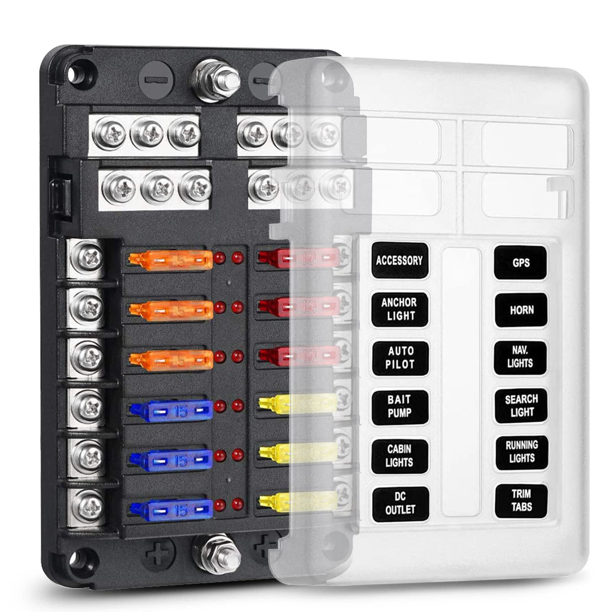 Pseqt Mini 12-Way Blade Fuse Block Box With Negative Bus Atc/Ato & Warning Indicator Waterproof Marine Automotive Standard Circu