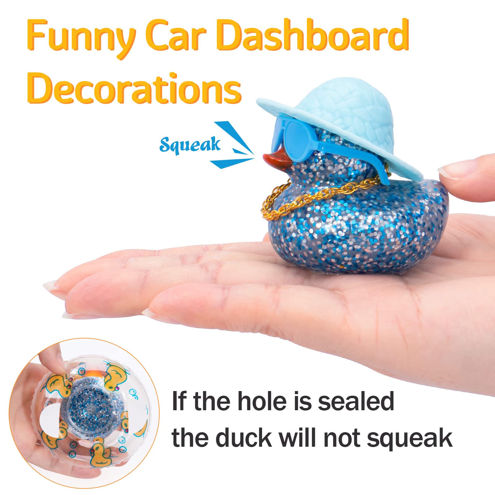 Wonuu Shining Rubber Ducks With Plastic Sunglasses Swim Ring Necklace Hat, Glittering Cute Car Accessories Car Decor Dashboard D