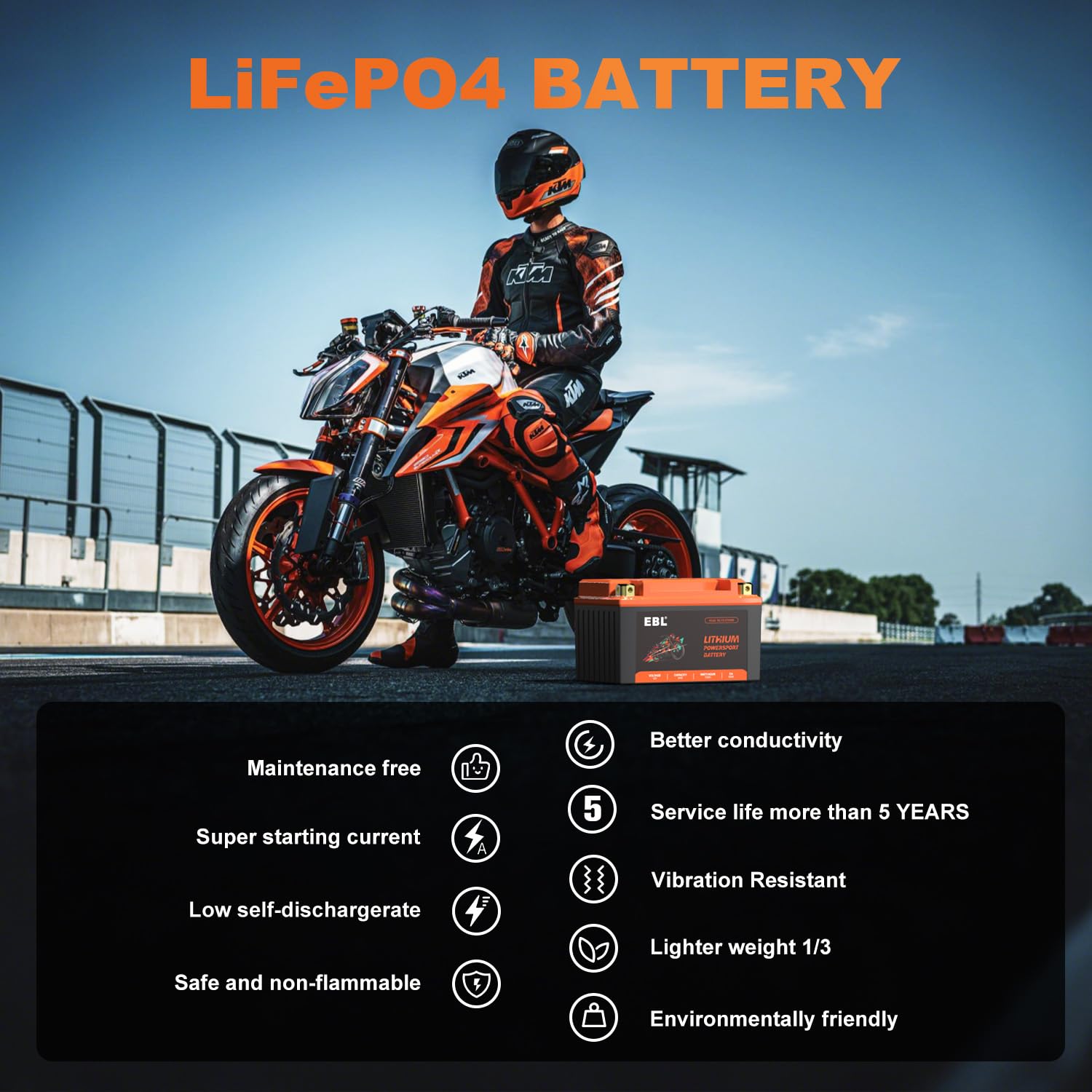 EBL Lithium YTZ10S-BS, 180CCA Lithium LiFePO4 Motorcycle Battery, 12V 6Ah ATV, UTV, Jet Ski, 4 Wheeler, Quad, Riding Lawn Mower,