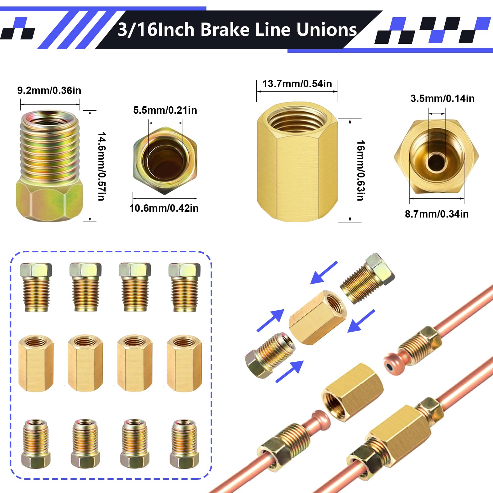 smseace 2Sets 25Ft. 3/16'' Brake Line Tubing Kit with Brake Line Fittings(Includes 32pcs Fittings and 4pcs Unions+8pcs Nuts) Cop