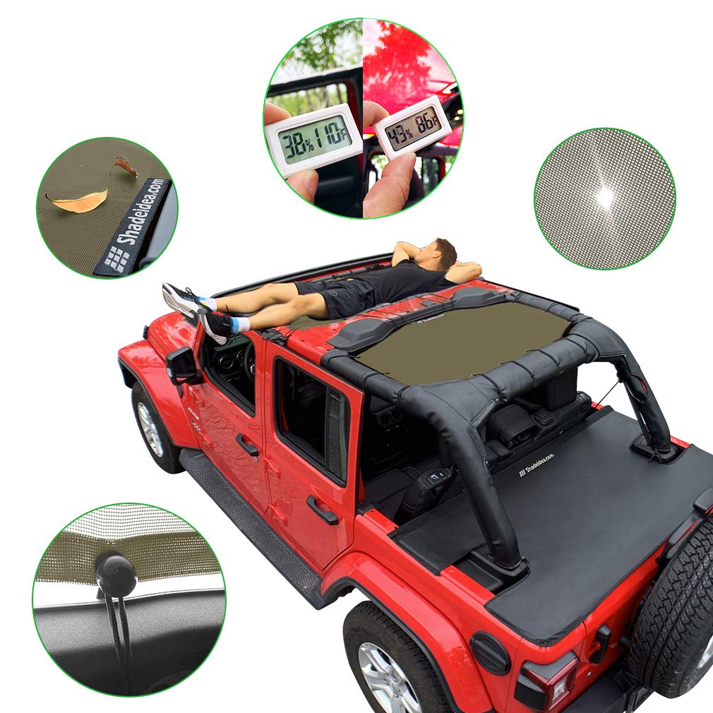 Shadeidea Sun Shade Top For Jeep Wrangler, Jl (2018-2023) 4 Door Top Sunshade, Front & Rear - Tank Green Jlu Mesh Screen Cover,