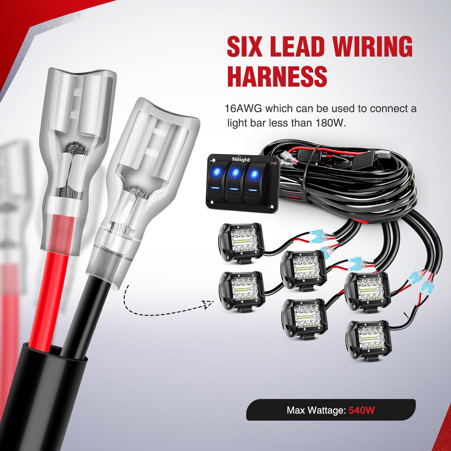 Nilight 16AWG LED Light Bar Wiring Harness Kit 12V On/Off 3 Gang LED Pod Lights Rocker Switch Panel Power Relay Fuse 5Pin Toggle