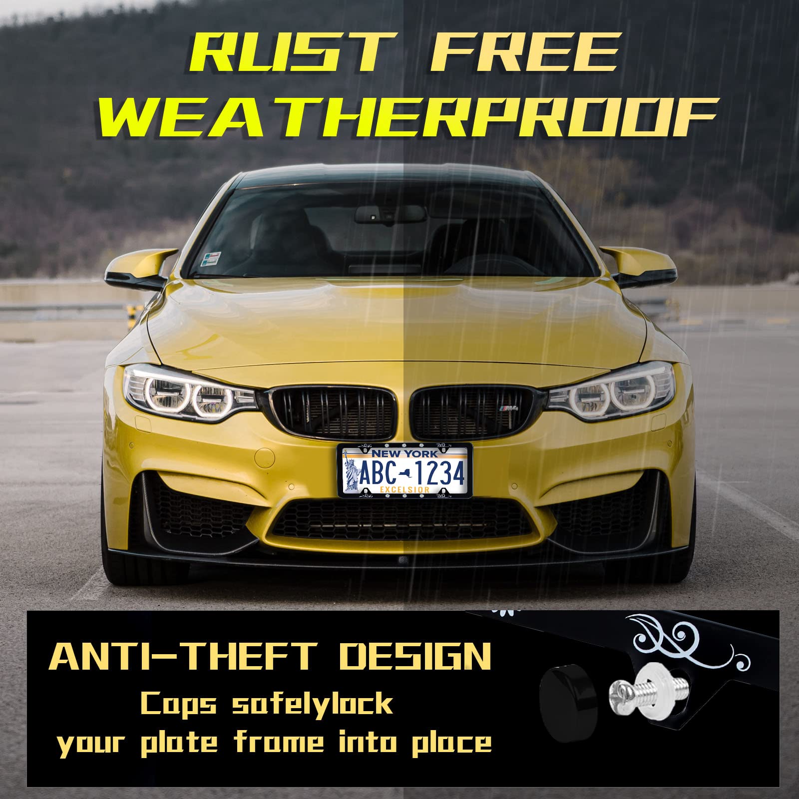 ?2Pcs? Cute Daisy Flower Yellow Daisies Floral License Plate Frame Stainless Steel Car License Plate Frame Accessory Car Plate F