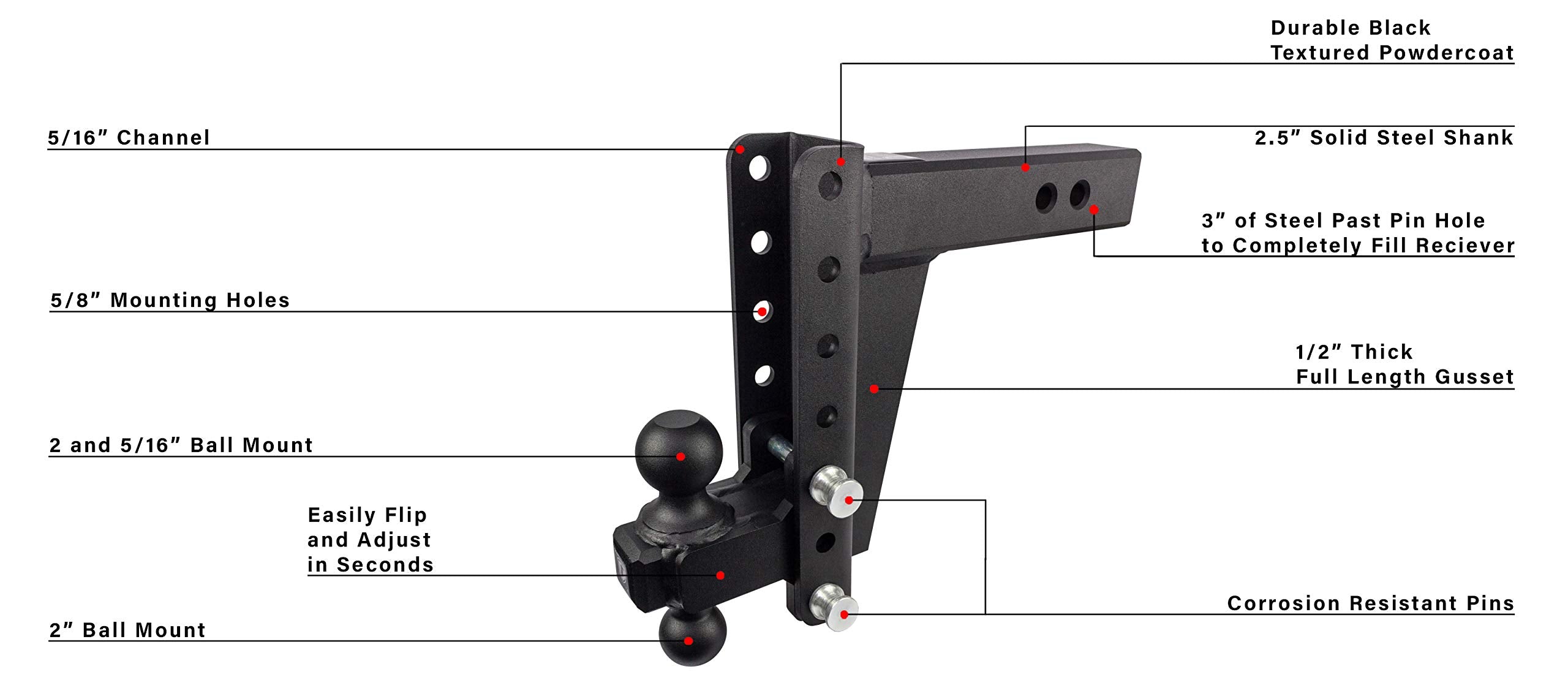 Bulletproof Hitches 2.5'' Adjustable Heavy Duty Trailer Hitch (22,000Lb Rating) - 8'' Drop/Rise Trailer Hitch With 2'' & 2-5/16'