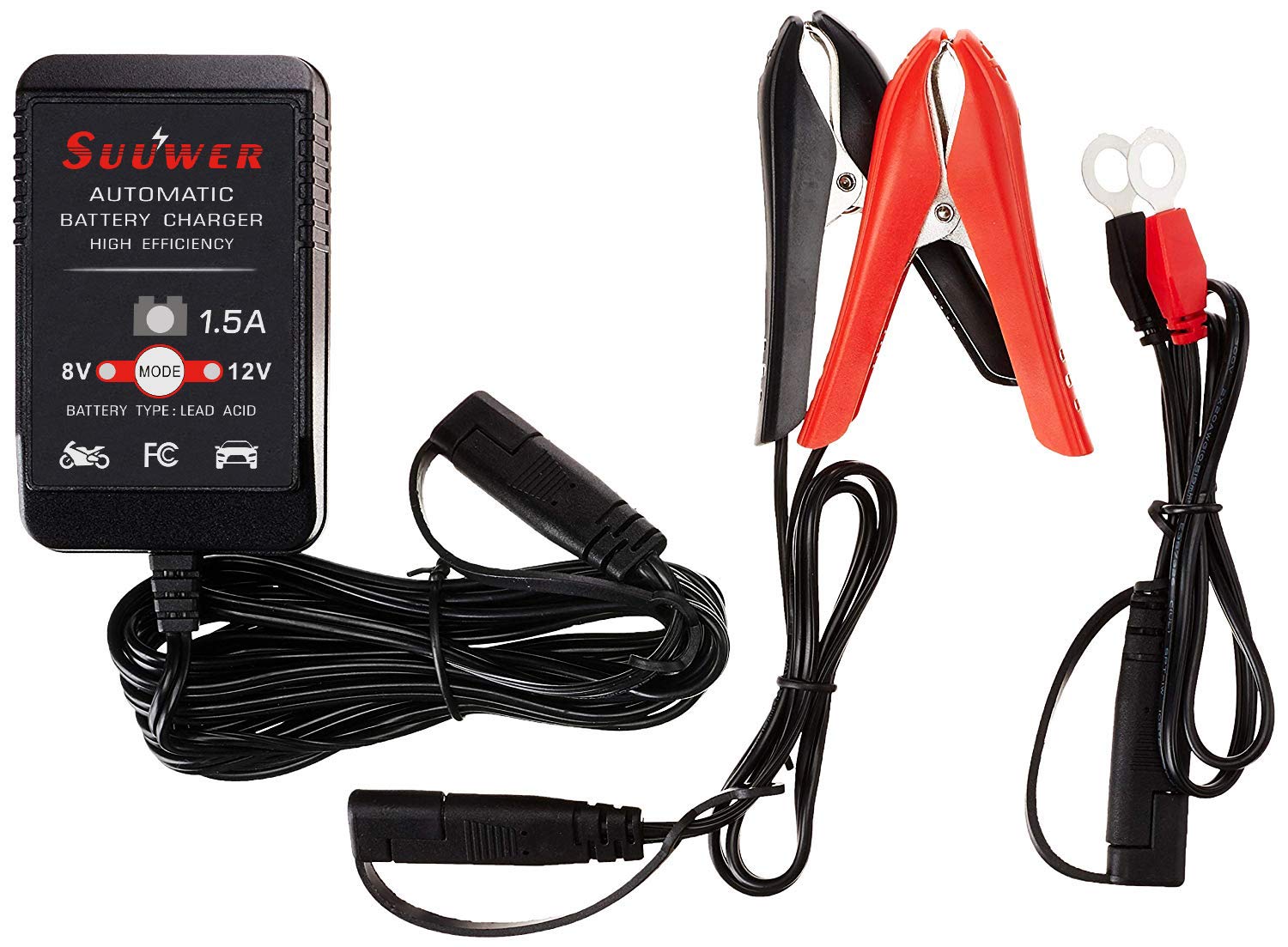 Suuwer 1.5-Amp Trickle Charger 8V/12V Fully-Automatic Smart Battery Charger/Maintainer For Motorcycle, Golf Cart, Car, Lawn Mowe