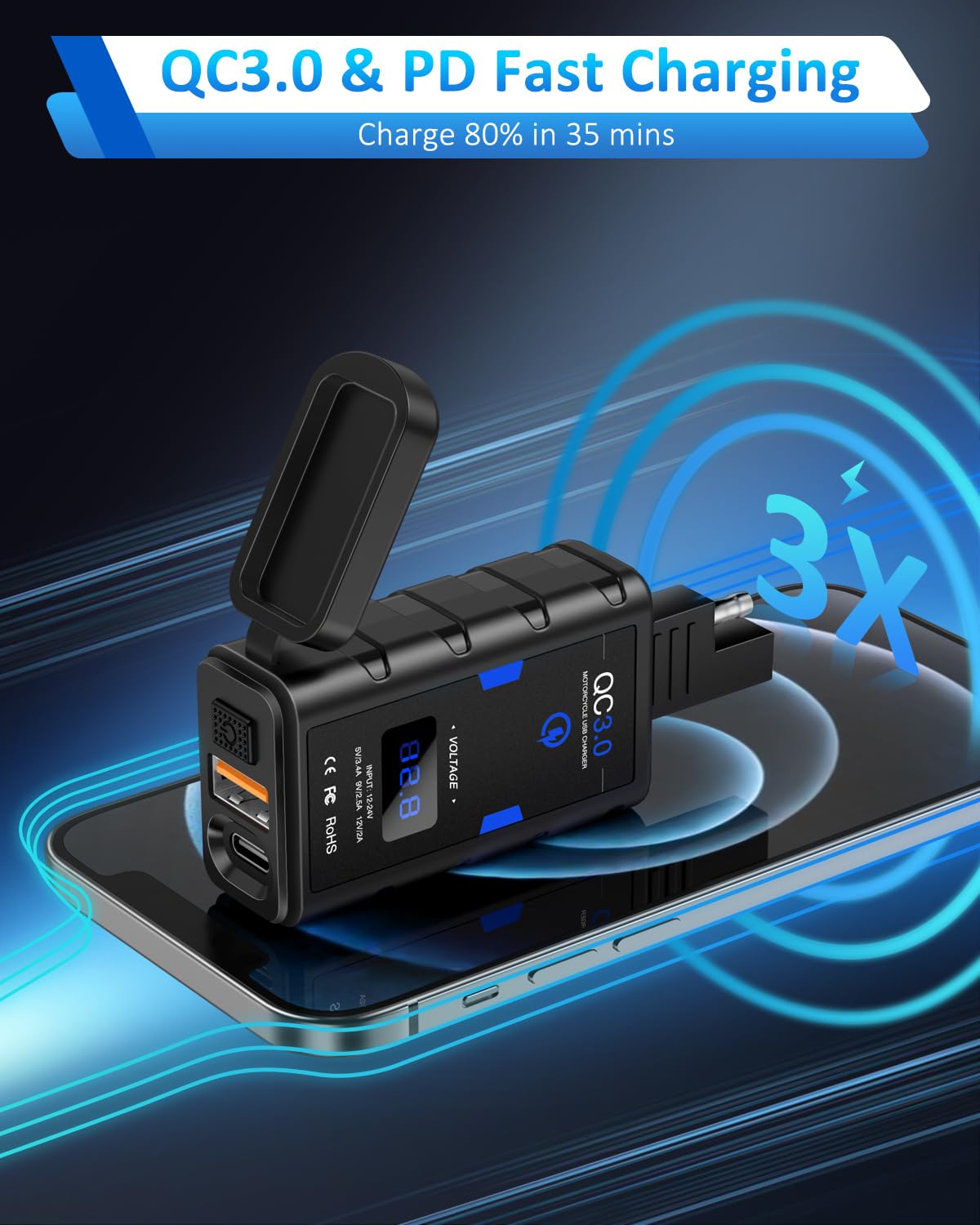 Randpow Motorcycle Phone Charger, 6.4A Dual Usb Quick Charge 3.0 Type C Pd Motorcycle Usb Charger With On/Off Switch, Waterproof