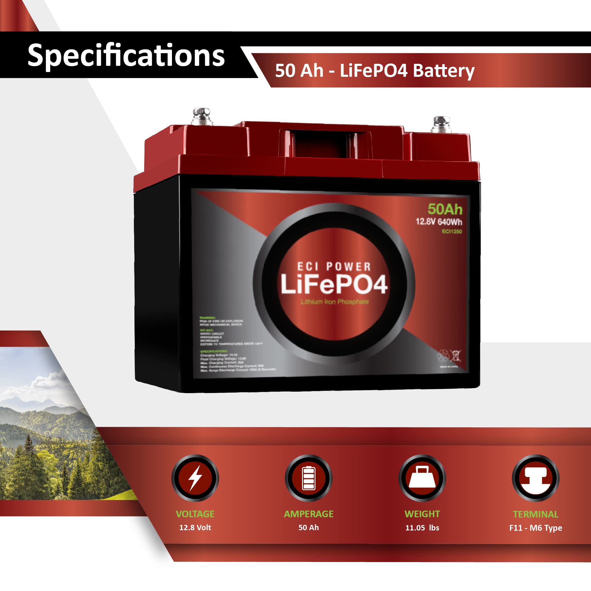 Eci Power 12V 50Ah Lithium Lifepo4 Deep Cycle Rechargeable Battery | 2000-5000 Life Cycles & 10-Year Lifetime | Built-In Bms | Perfect For Rv, Solar, Marine, Overland, Off-Grid Applications