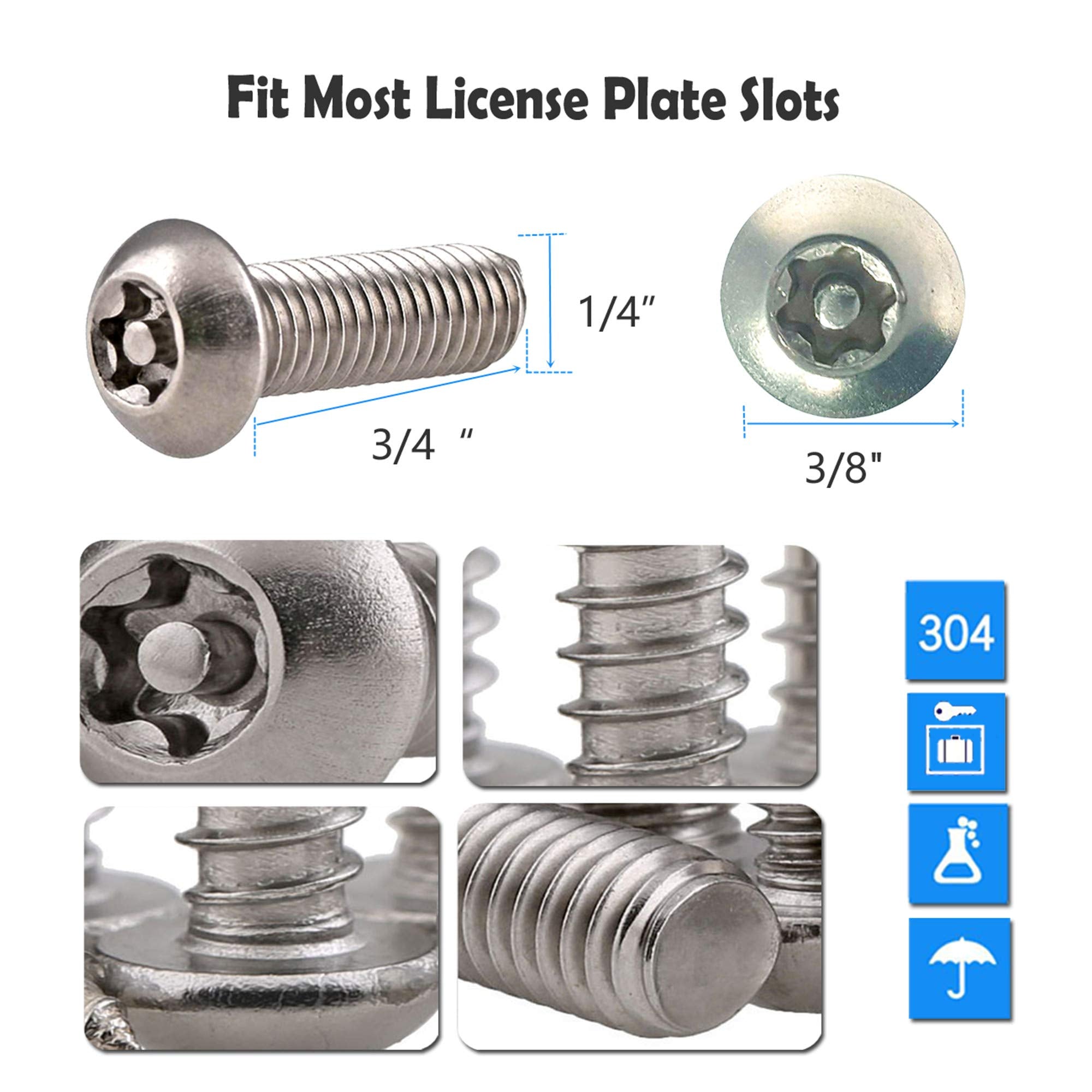 Aootf Stainless Steel License Plate Screws - Anti Theft License Plate Frame Bolts Tamper Resistant Fasteners | 1/4(M6) Security Machine Screws | Qty 8 | For Protection License Plates On Cars Trucks
