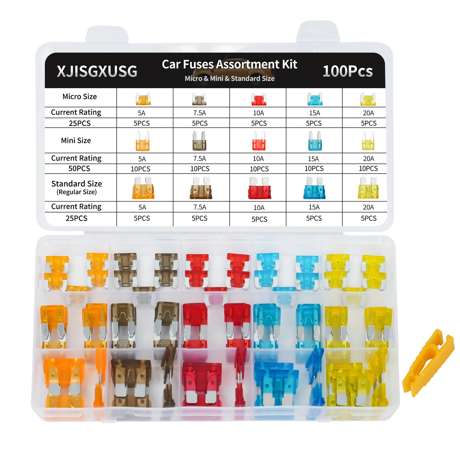 Xjlsgxusg 100 Pcs Micro & Mini & Standard Fuses Kit, Blade Fuse Assortment Kit(5A/7.5A/10A/15A/20A) (With Puller Tool) For Car,