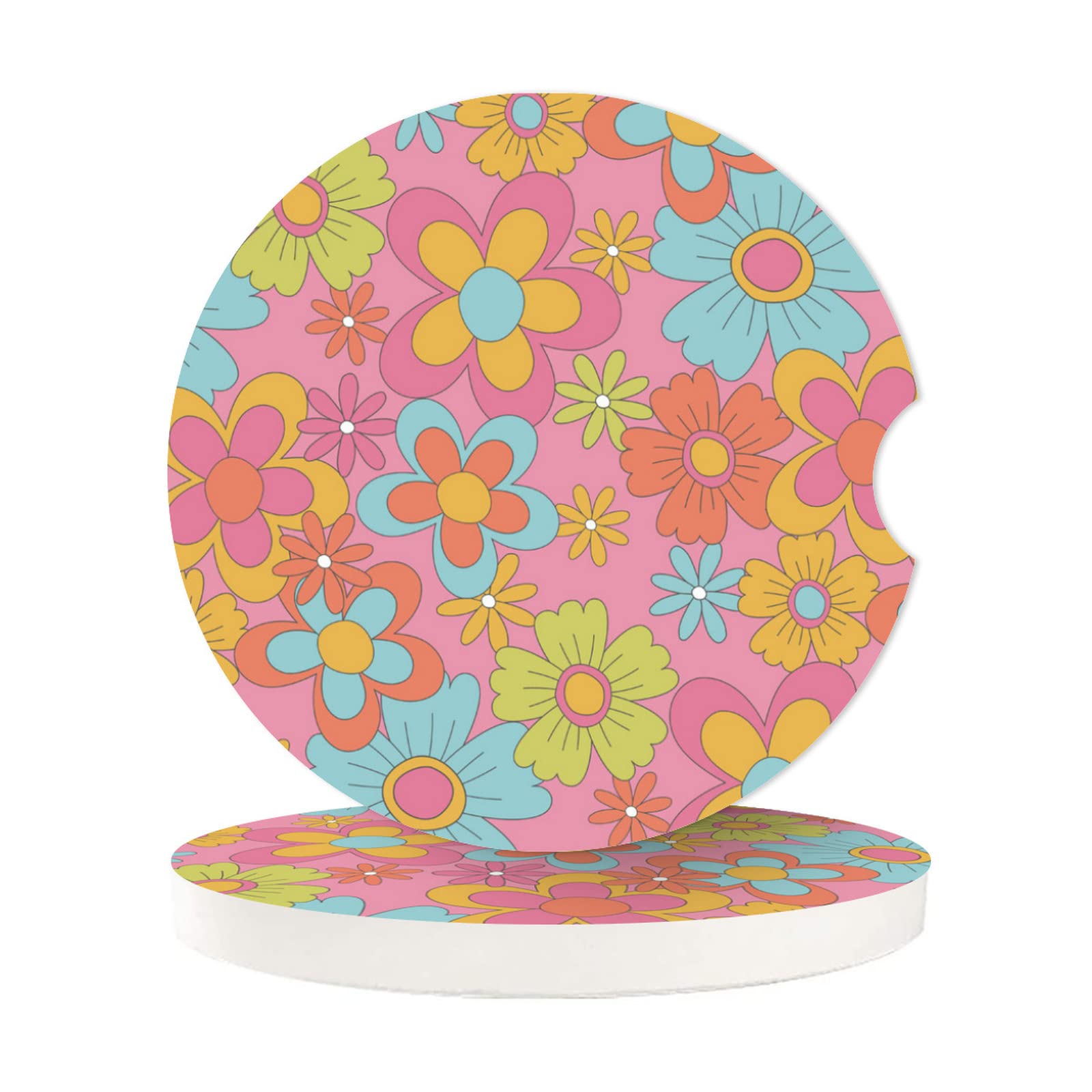 Vintage Pink Hippie Flower Absorbent Car Cup Coasters,Cup Holders,Cork Base Drink Coasters With Finger Notch For Easy Move Of Ca
