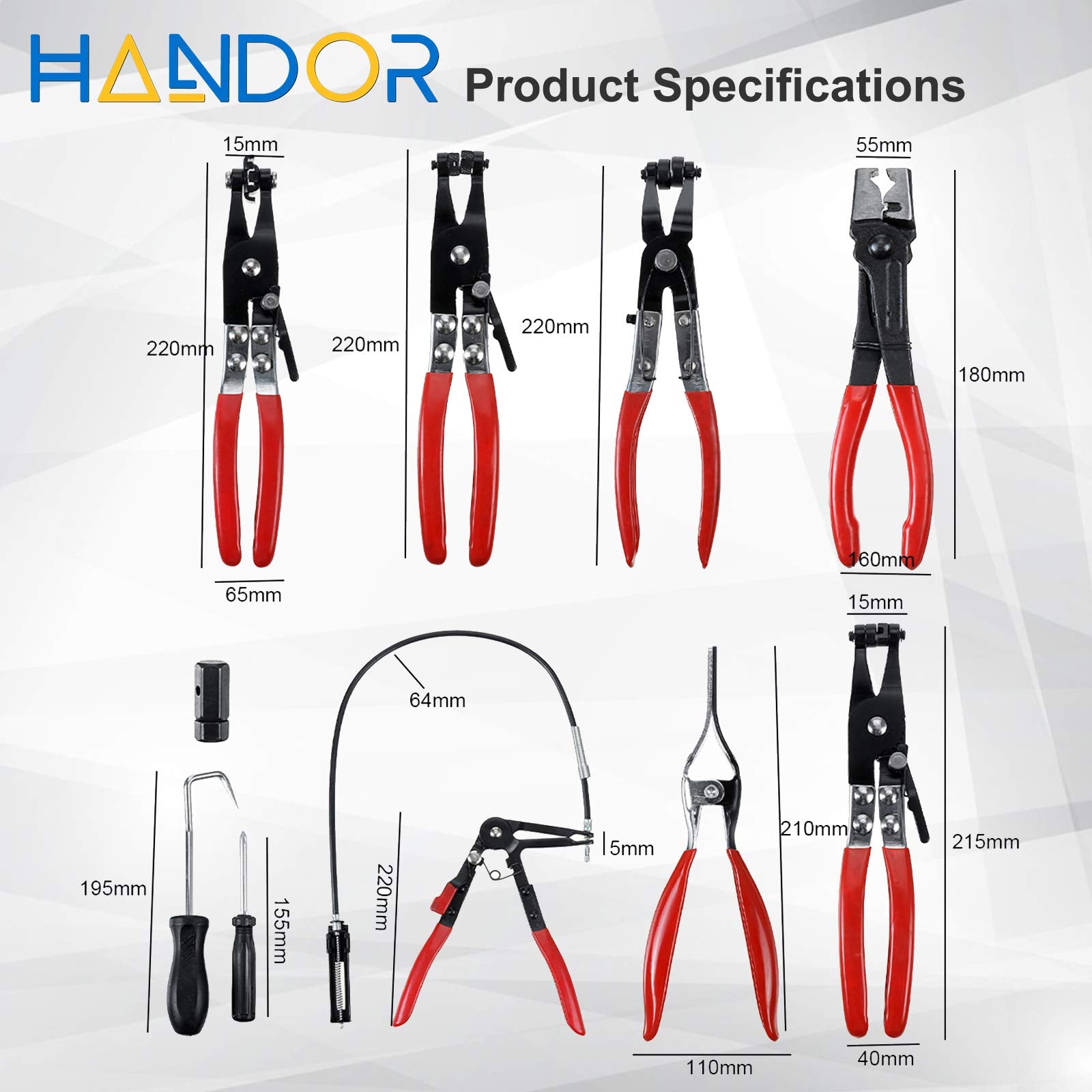 Handor 9pcs Hose Clamp Pliers Set - Long Reach Tools for Fuel, Oil, Water Hoses - Ideal for Automotive Coolant Radiator & Heater Clamps