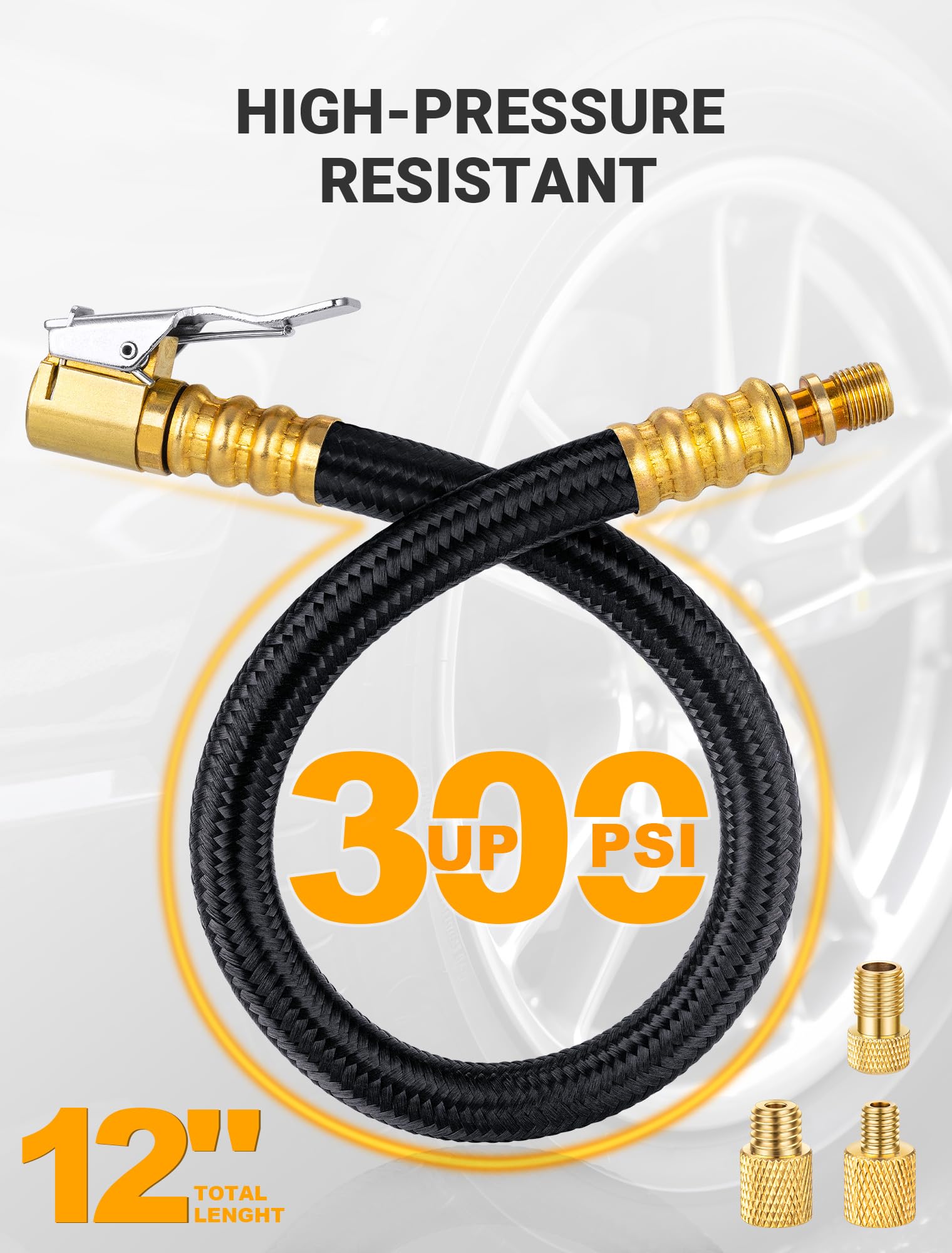 12'' Tire Inflator Extension Tube, Tire Pump Chuck Hose Adapter W/Presta Valve For Air Compressor Quick-Inflation, Clip On Air C