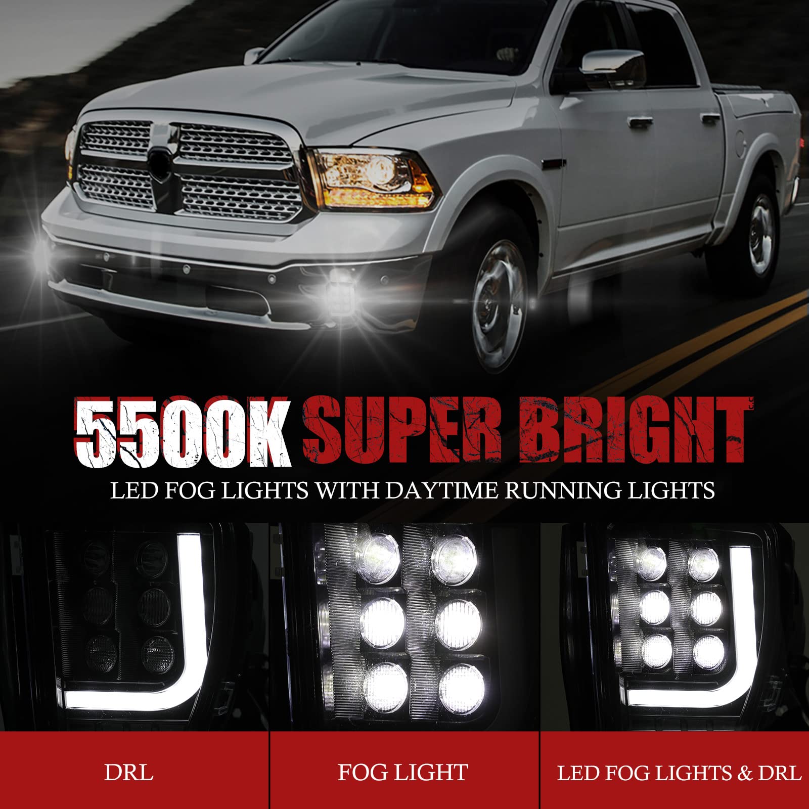 Bunker Indust Dodge Ram Led Fog Light With Daytime Running Light Set,Pair Spot Flood Bumper Driving Fog Lamp L-Type Drl Assembly