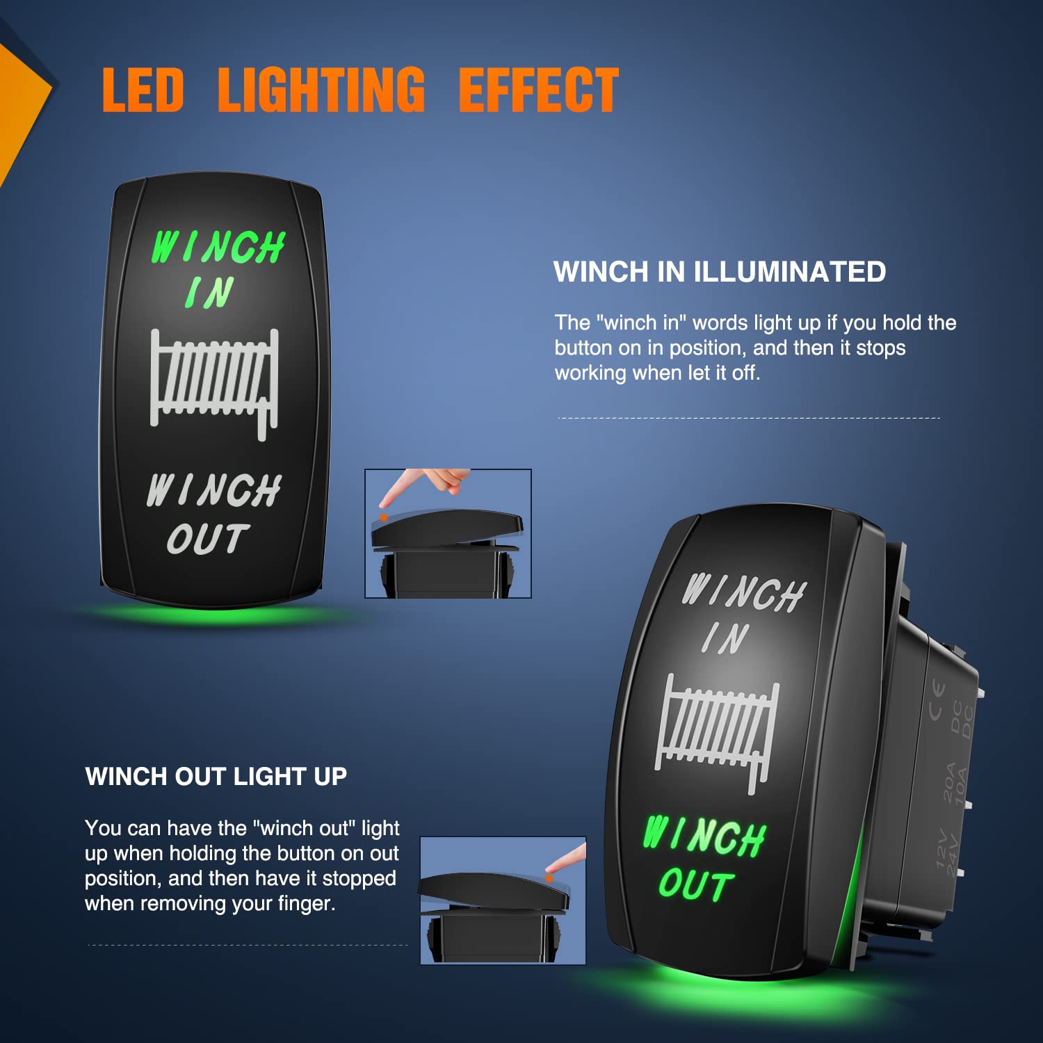 Nilight Winch Rocker Switch Momentary Toggle On-Off-On Dpdt 7Pin 12V 24V Jumper Wires In Out Switches Green For Cars Trucks Cara