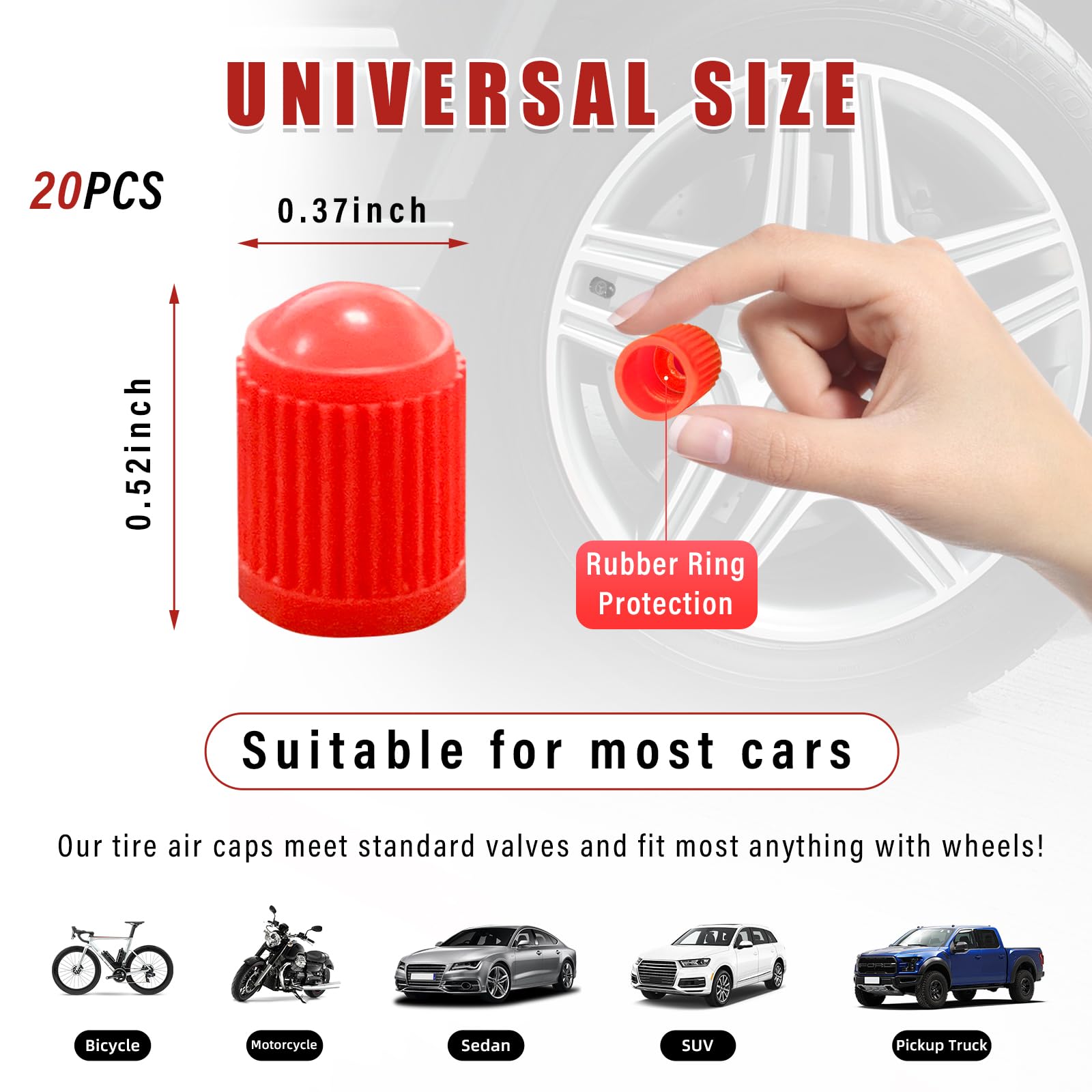 Ziciner 20 Pcs Tire Valve Stem Caps, Plastic Car Tyre Valve Cap With O Rubber Seal, Dustproof Airtight Seal Wheel Stem Covers, U