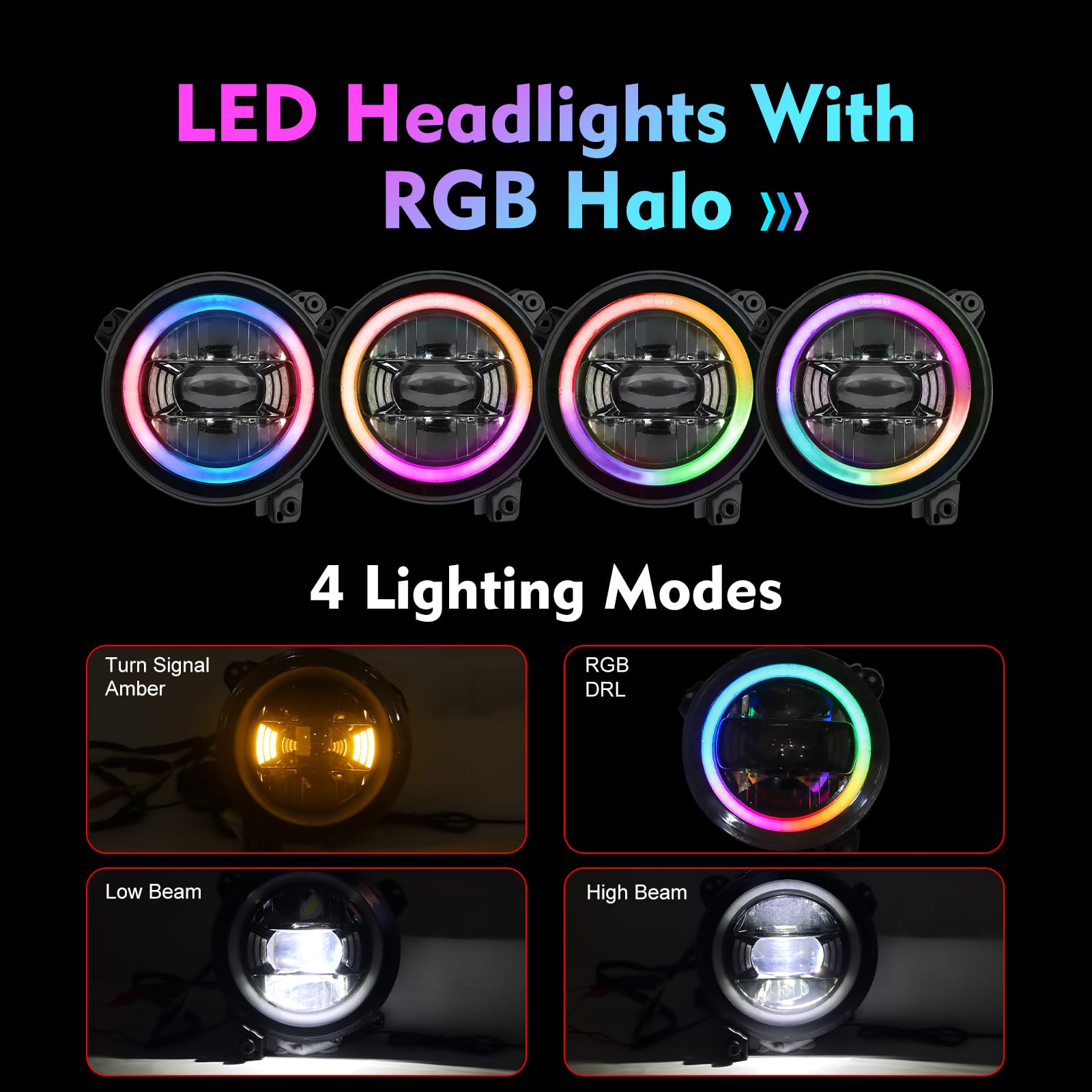 Beeyeo 9 Inch Led Headlights Rgb Halo Ring 9    Round Front Head Light, Remote Phone App Control Dot Approved For Wrangler Jl 20
