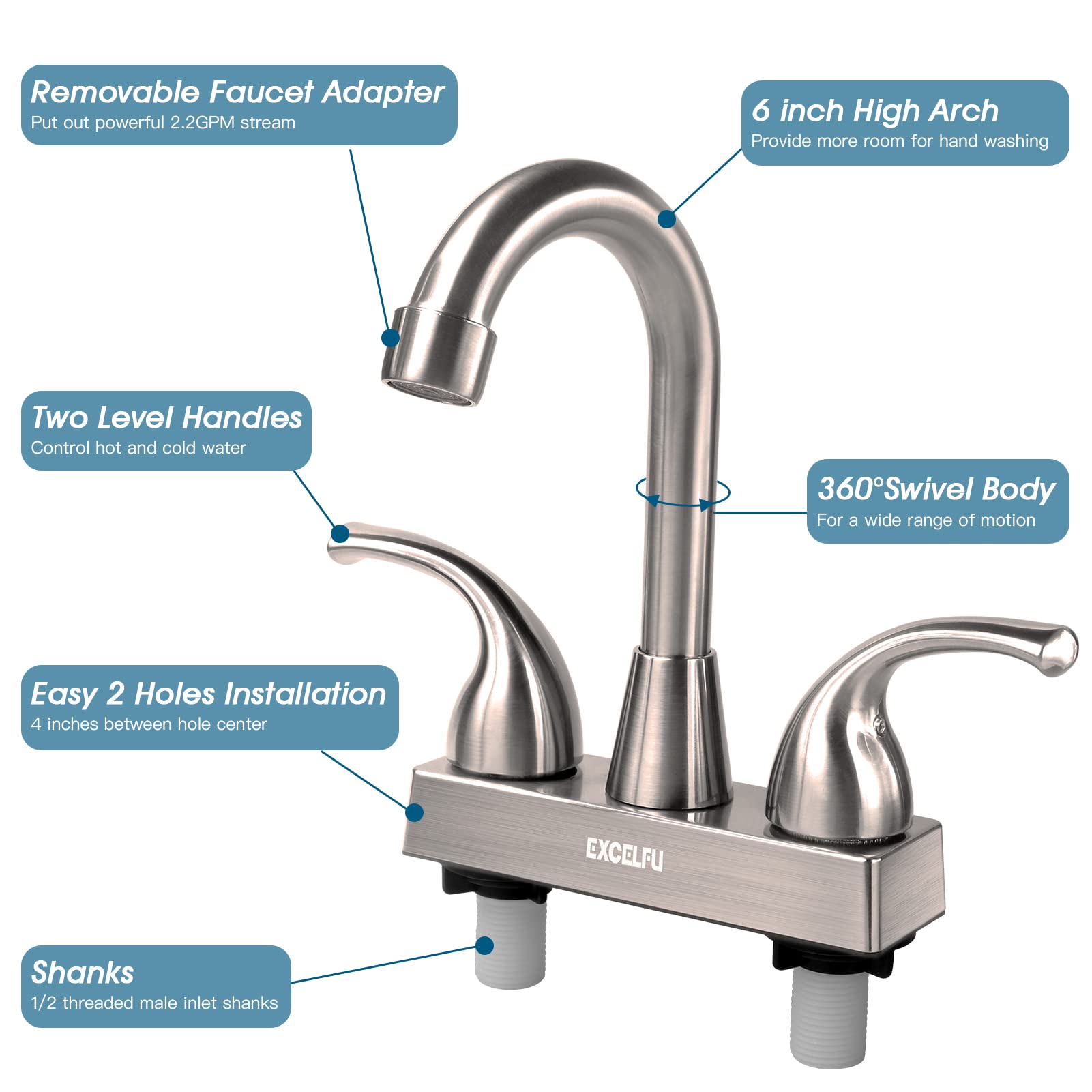Excelfu Rv Bathroom Faucet, 4 Inch Rv Bathroom Sink Faucet Replacement With Classical Lever Handles And 6-Inch High Spout For Ca