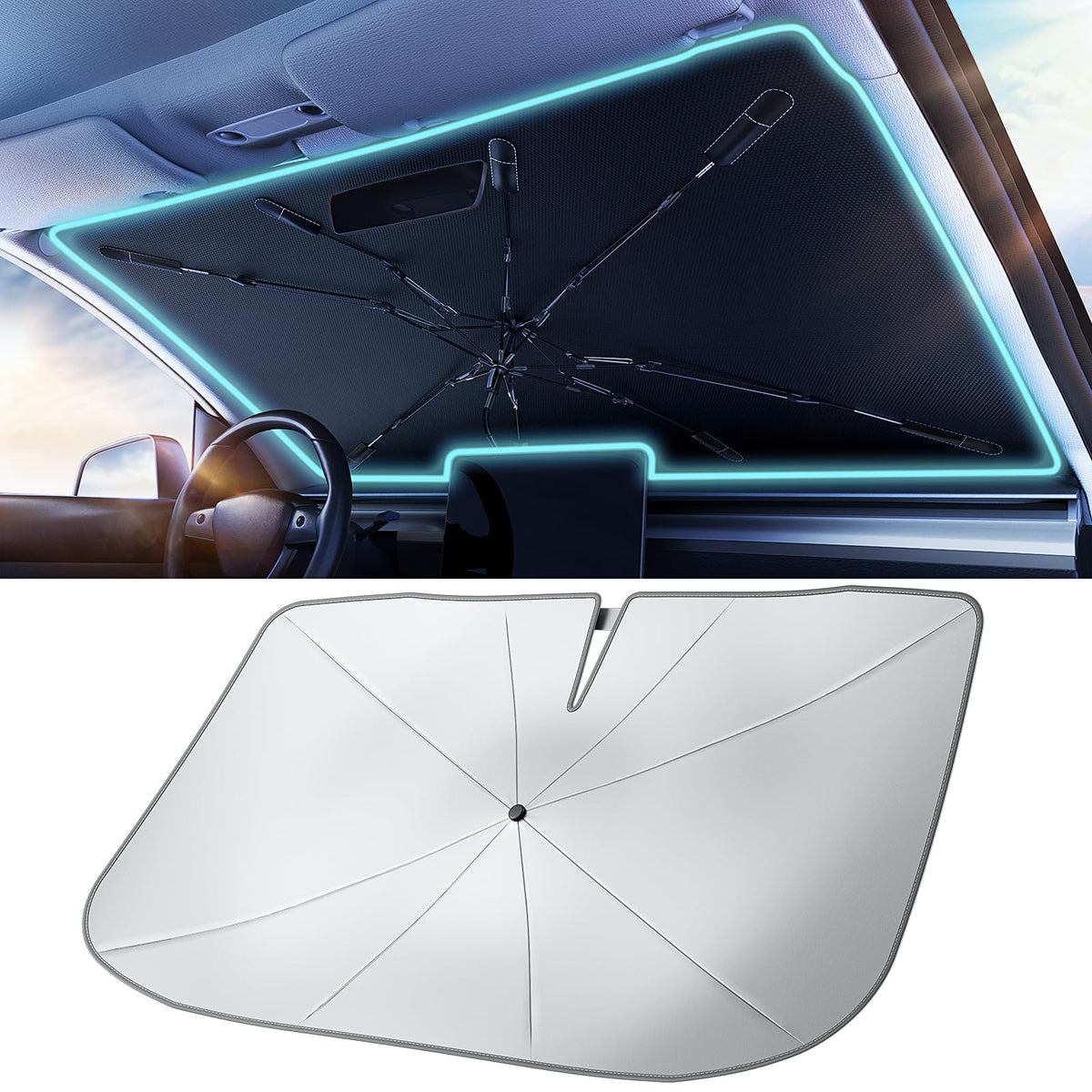 [2025 Upgrade] TrySpace Car Windshield Sun Shade Umbrella - [Silver Heat Shield & UV Reflective] Protector for Cars, Universal F