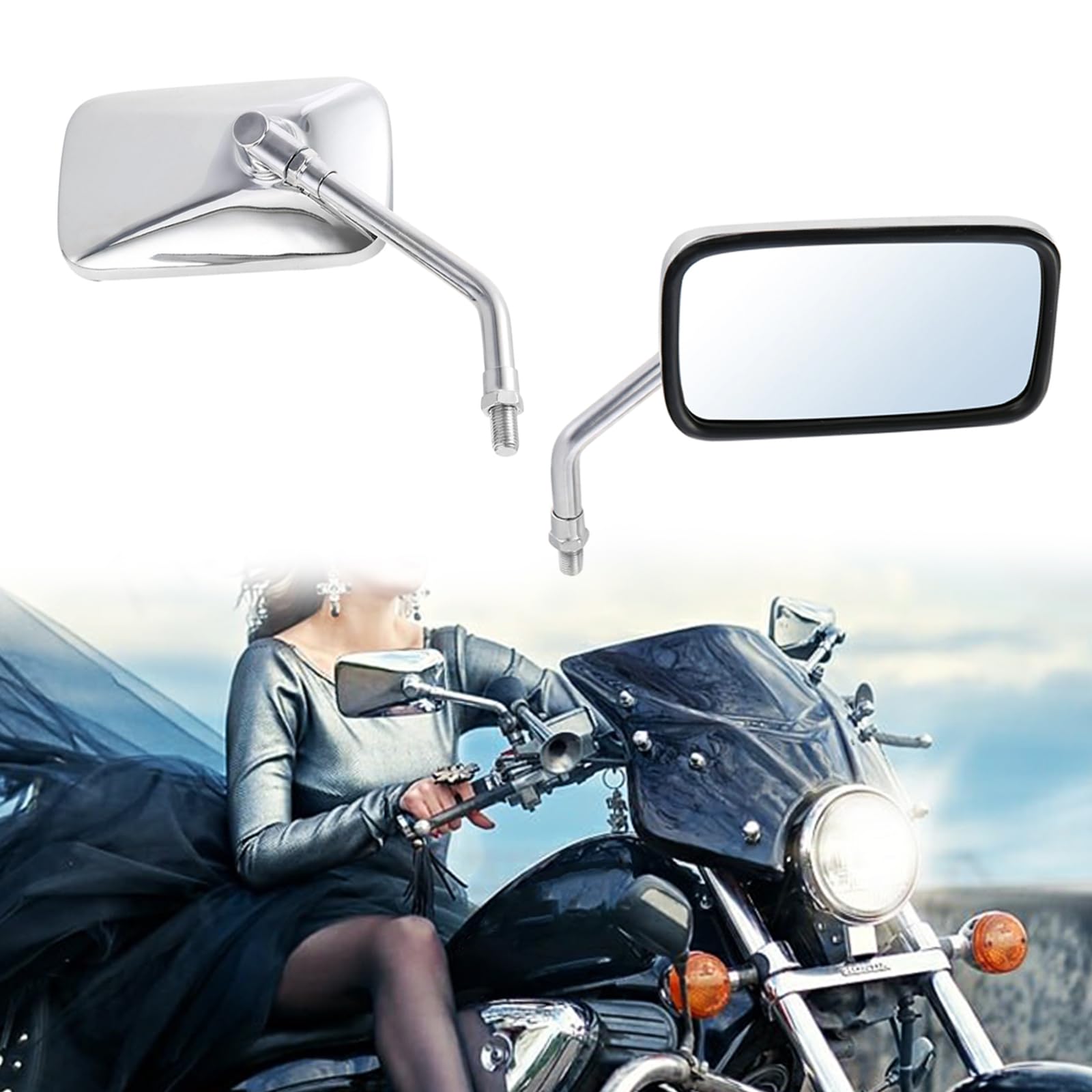 Dreamizer 10Mm Chrome Motorcycle Mirror Universal Rectangle Motorcycle Rear View Mirrors Compatible For Shadow Magna 750 Spirit 1100 Vulcan Vn 500 800 1500 1600 Sv650S Scooter Street Bike