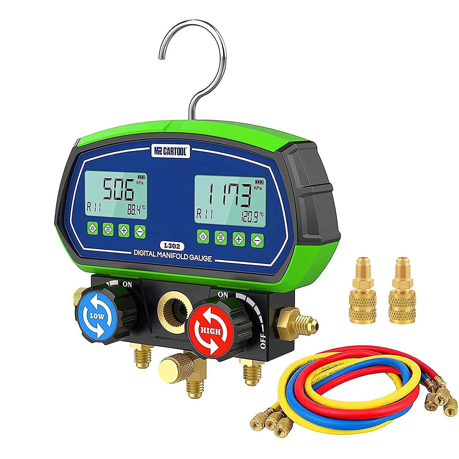 MR CARTOOL L302 Digital Manifold Gauge Set 2-Valve Refrigerant HVAC Systems Leakage Pressure Tester Tool with 3 Hoses for Air Co