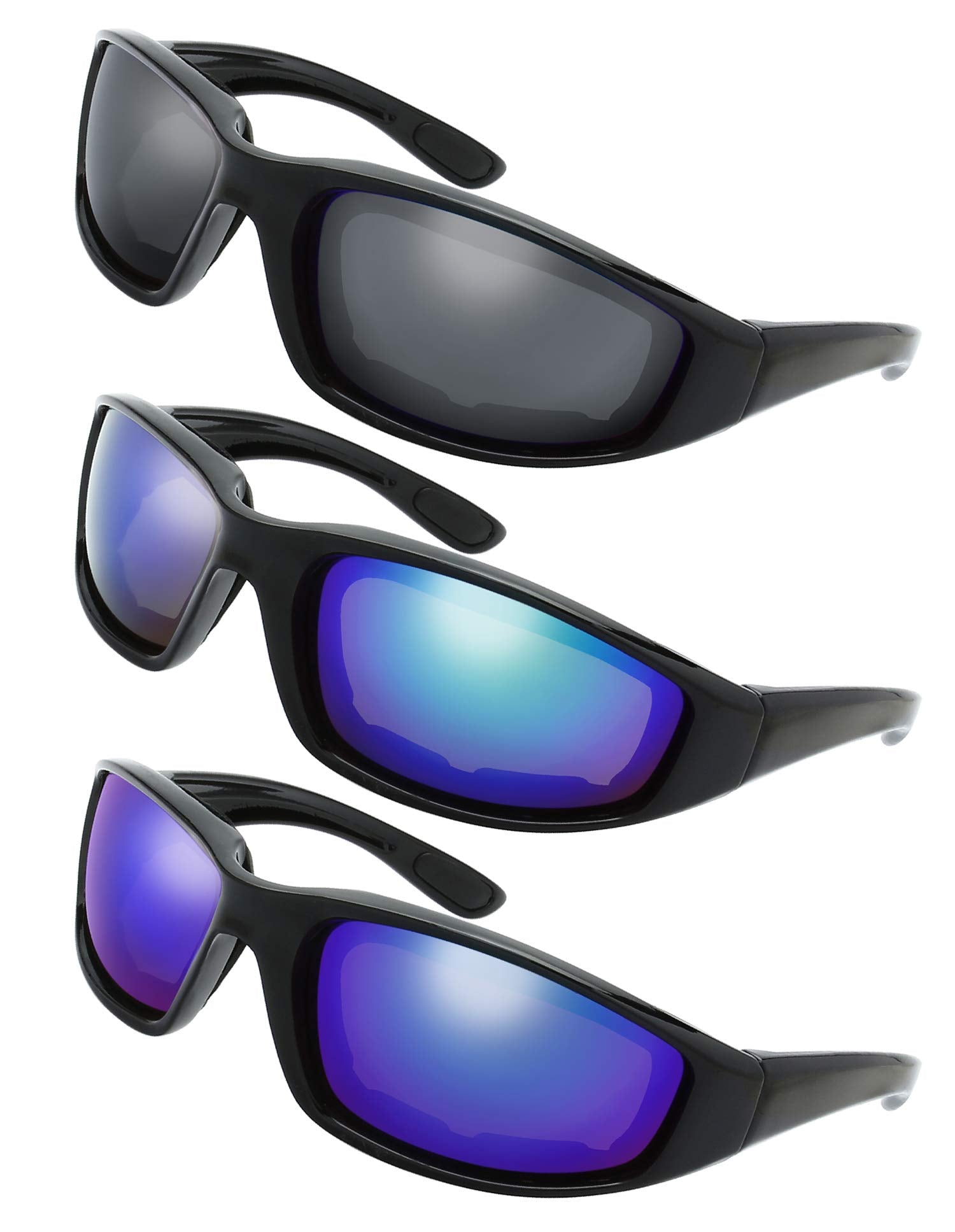 The Fresh Motorcycle Riding Glasses Padded Frame Lens Block 100% UVB for Outdoor Activity Sport (1402-Shiny Black, Grey, Green M