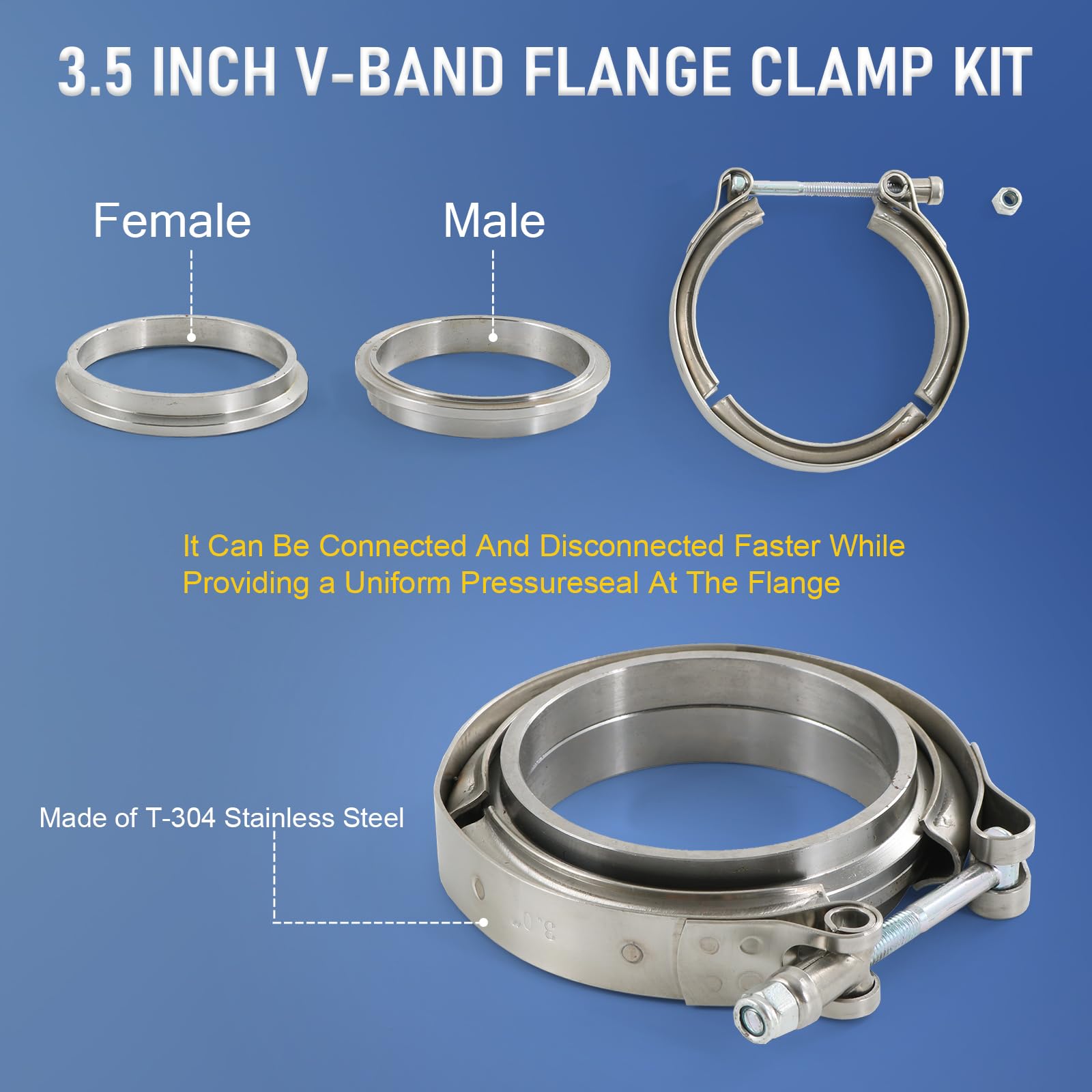 3.5'' V Band Clamp with Flange Stainless Steel Male Female Replacement For Turbo Exhaust Downpipes 3.5 Inch V-Band Clamp