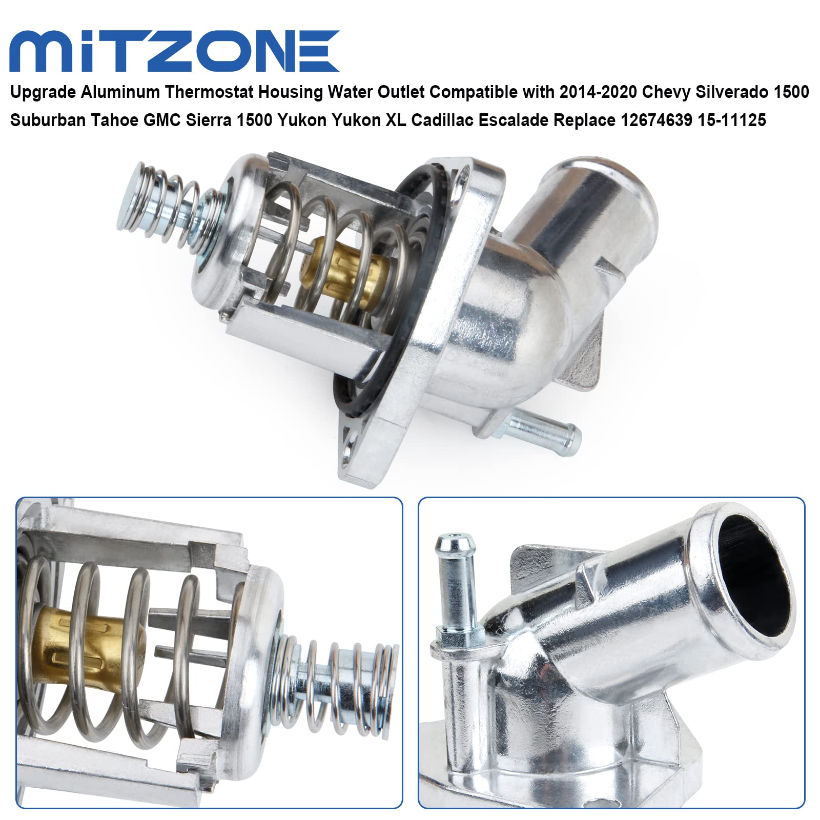 Mitzone Upgrade Aluminum Thermostat Housing Water Outlet Compatible With 2014-2020 Chevy Silverado 1500 Suburban Tahoe Gmc Sierra 1500 Yukon Yukon Xl Cadillac Escalade Replace 12674639 15-11125