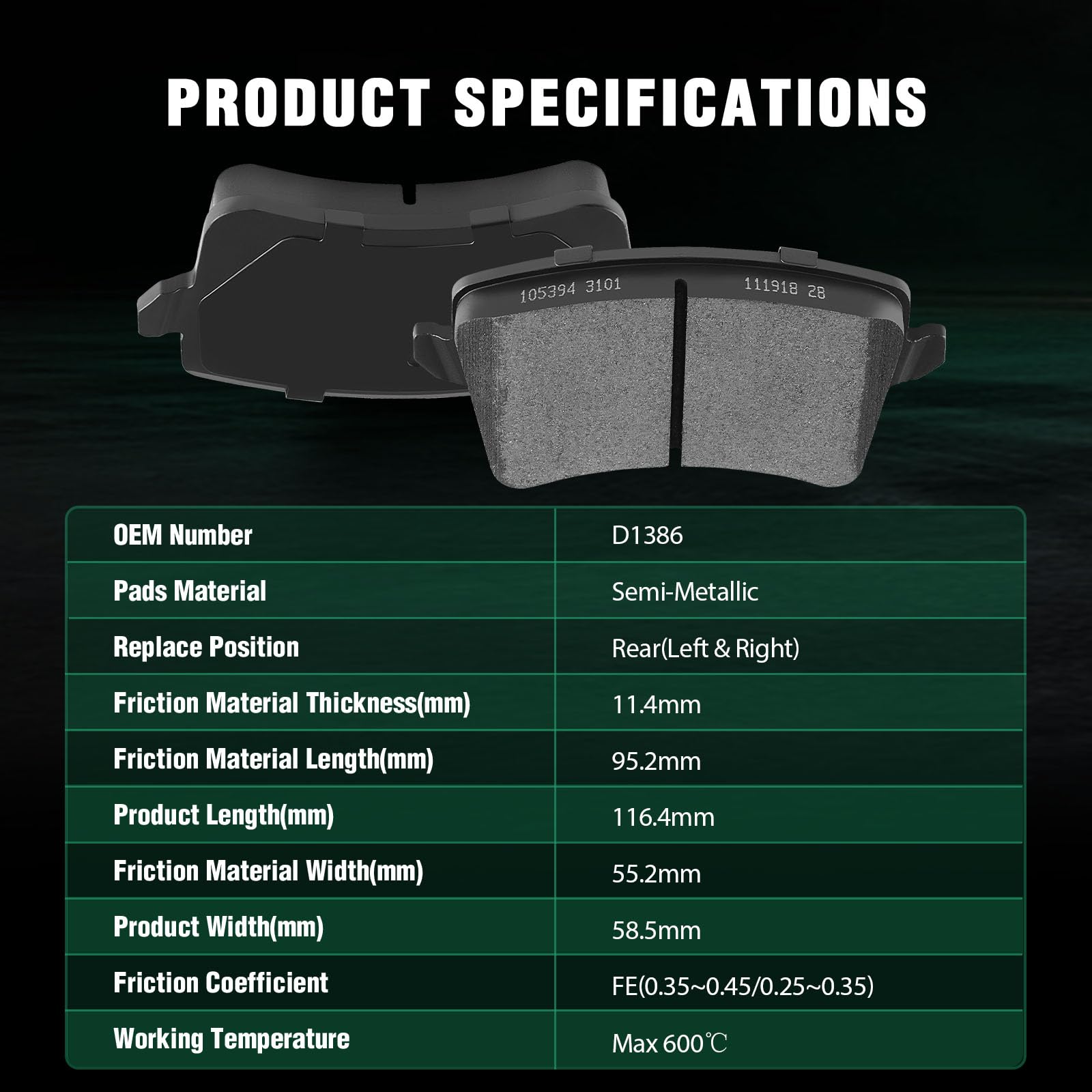 Automuto 4Pcs Rear Semi-Metallic Disc Brake Pads Set D1386 For Audi A4 A4 Allroad A4 Quattro A5 A5 Quattro Allroad Q5 S4 S5