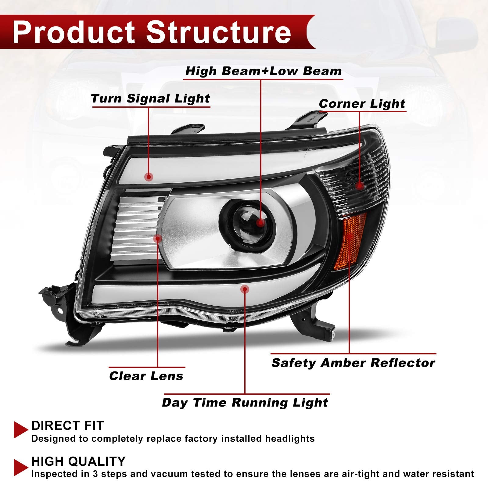 Dwvo Projector Headlights Assembly Compatible With Tacoma 2005 2006 2007 2008 2009 2010 2011 Switchback Led Drl Tube Parking Tur