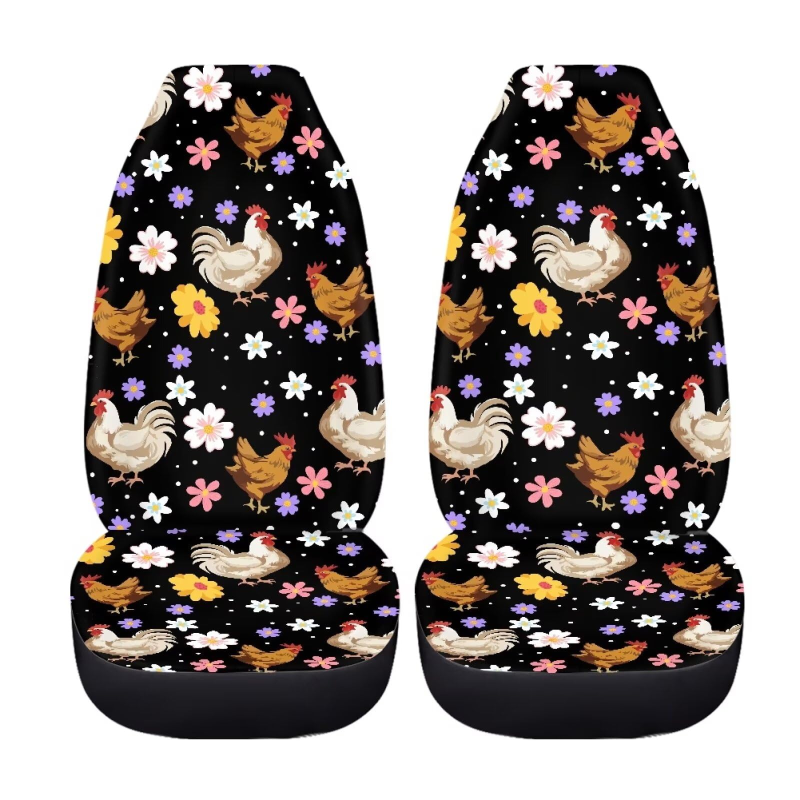 Fuibeng Groovy Flower And Chicken Seat Covers For Cars,Set Of 2 Rooster Auto Seat Covers Front Seats Only,Breathable Bucket Seat