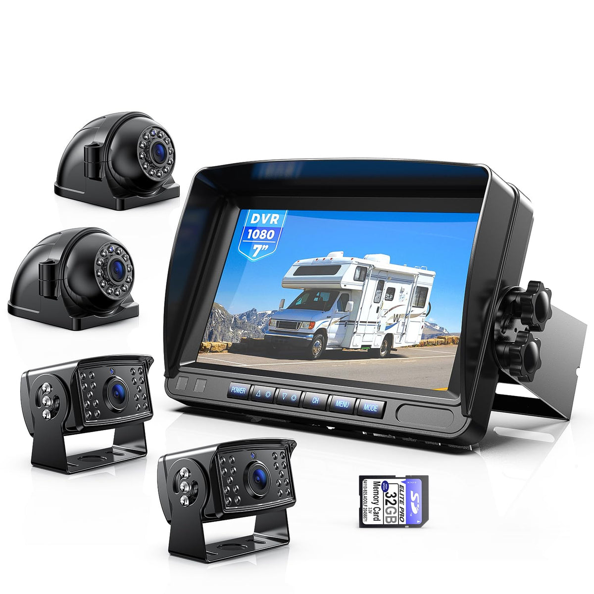 Zeroxclub Hd Backup Camera System Kit, Loop Recording 7'' Monitor With 4 Cameras, Ir Night Vision Waterproof Camera With Parking